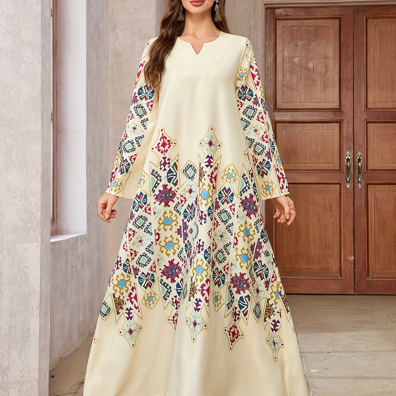 

1pc Elegant Floral Printed Polyester - Traditional Middle Eastern Long Dress With Embroidered Patterns, Full-length Robe