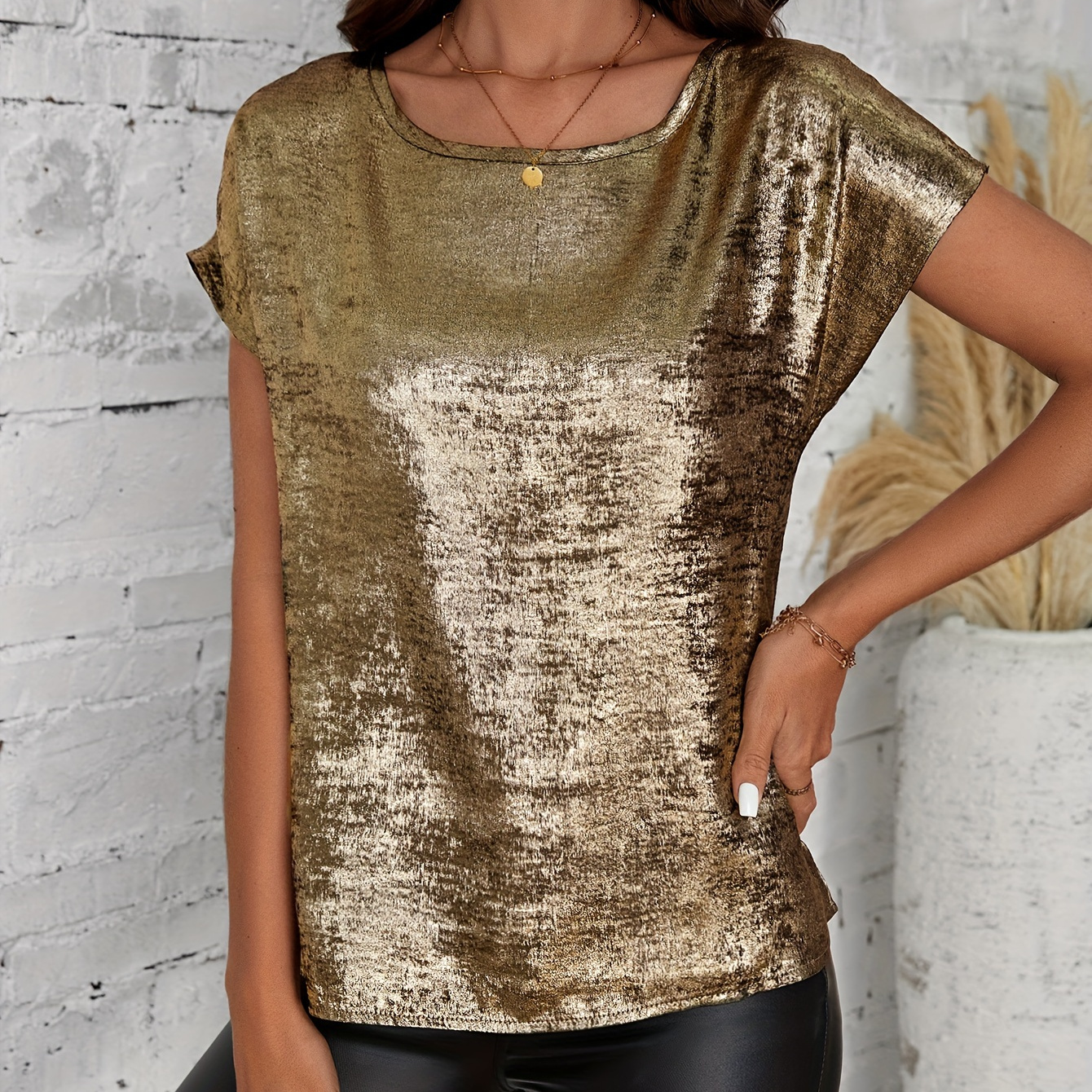 

Metallic Crew Neck Blouse, Casual Short Sleeve Top For Spring & Summer, Women's Clothing