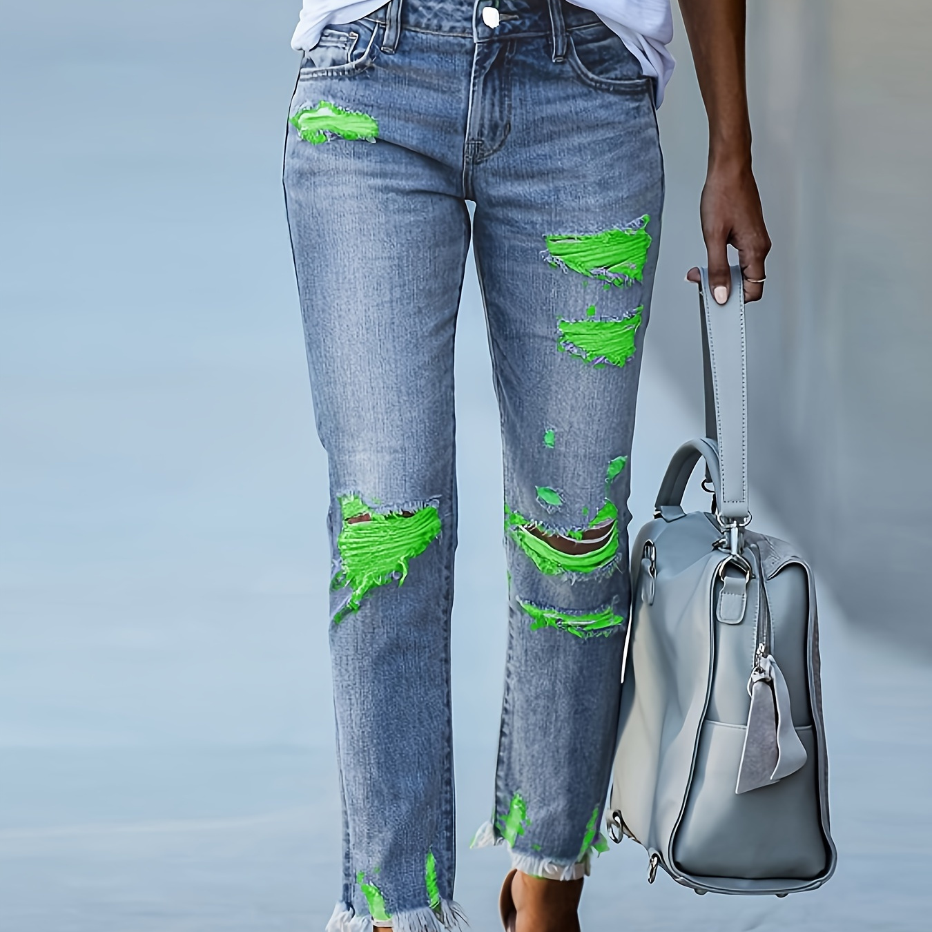 

Women's Plus Size High-stretch Ripped Skinny Jeans With Hem - Distressed Denim, Machine Washable