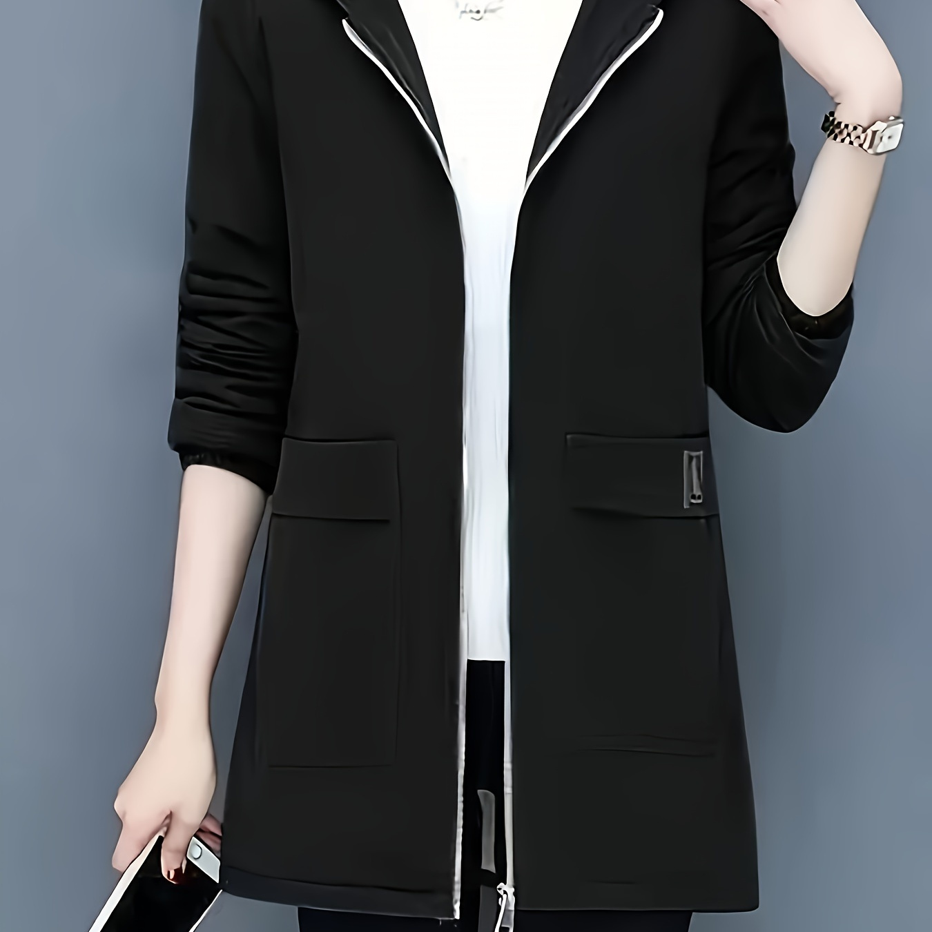 

Plush Lined Zip Up Jacket, Elegant Long Sleeve Hooded Warm Outerwear For Fall & Winter, Women's Clothing