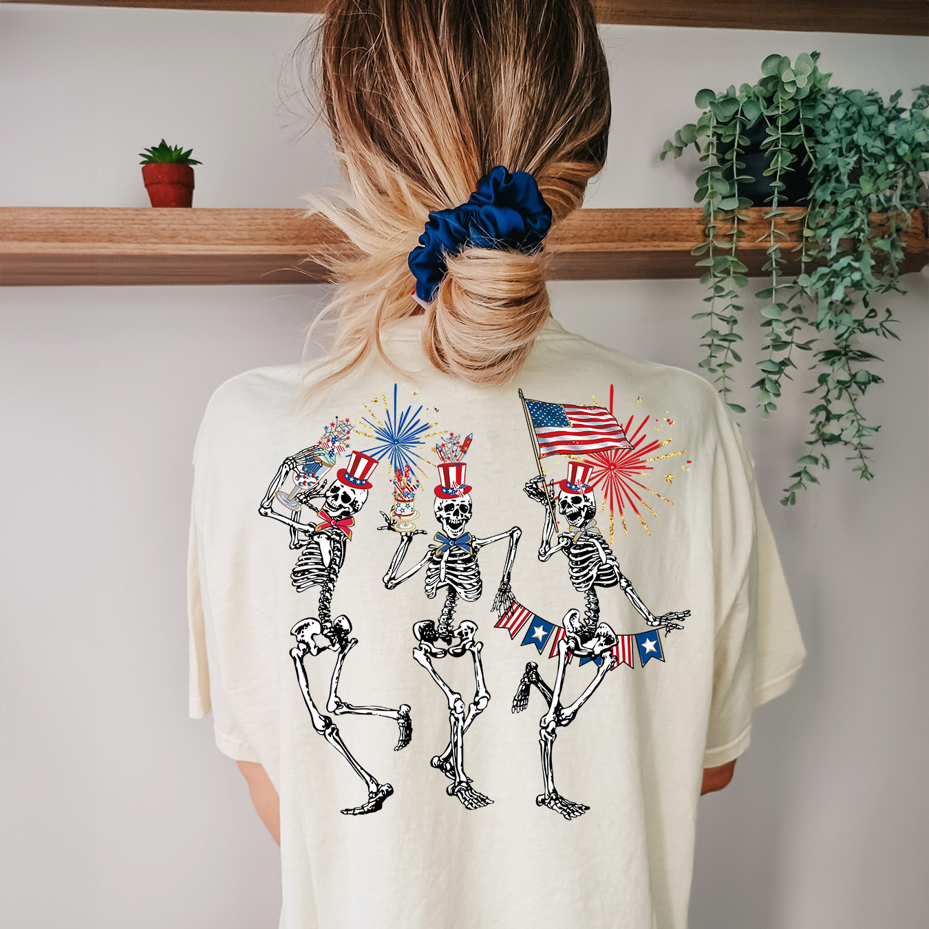 

American Flag & Skull Man Print T-shirt, Short Sleeve Crew Neck Casual Top For Summer & Spring, Women's Clothing