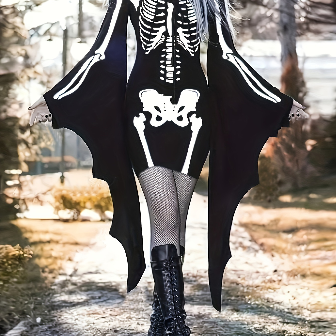 

Robe de costume d'Halloween à imprimé chauve-souris vintage en polyester, avec une grande élasticité et un décolleté en V , manches longues.