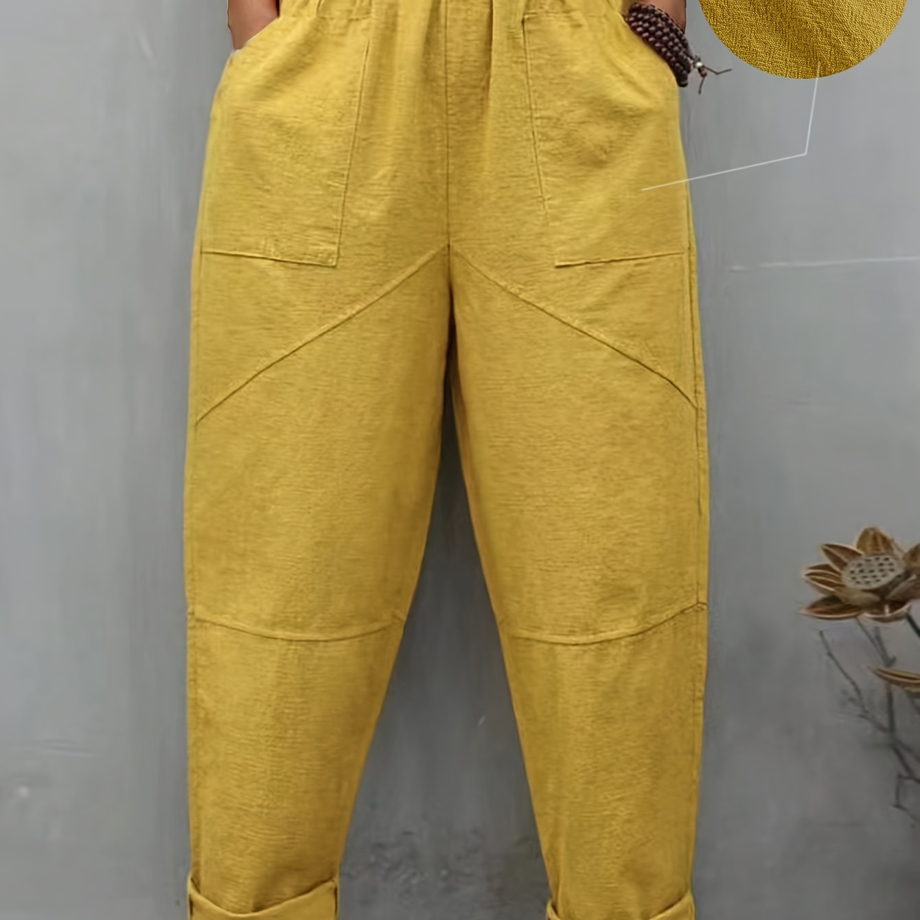 

Pantalon de poche oblique solide, pantalon décontracté à taille élastique pour le printemps et l'automne, vêtements pour femmes