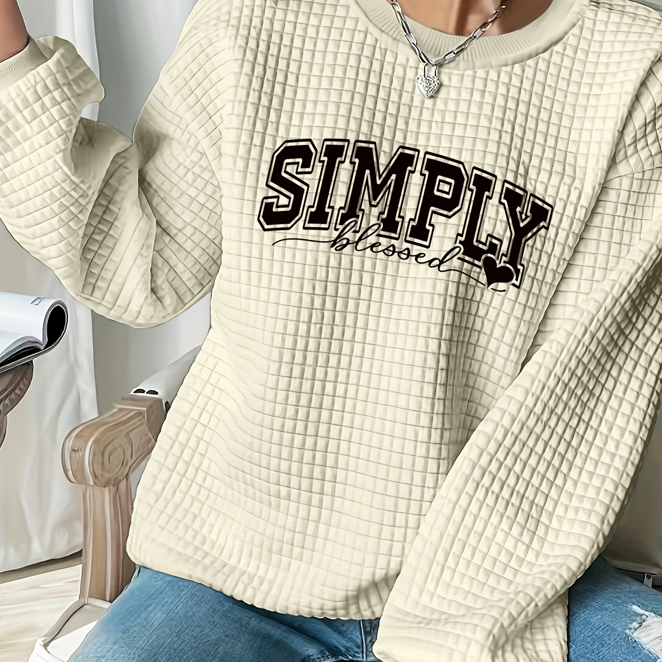 

Simply Print Waffle Pullover Sweatshirt, Casual Long Sleeve Crew Neck Sweatshirt For Fall & Winter, Women's Clothing