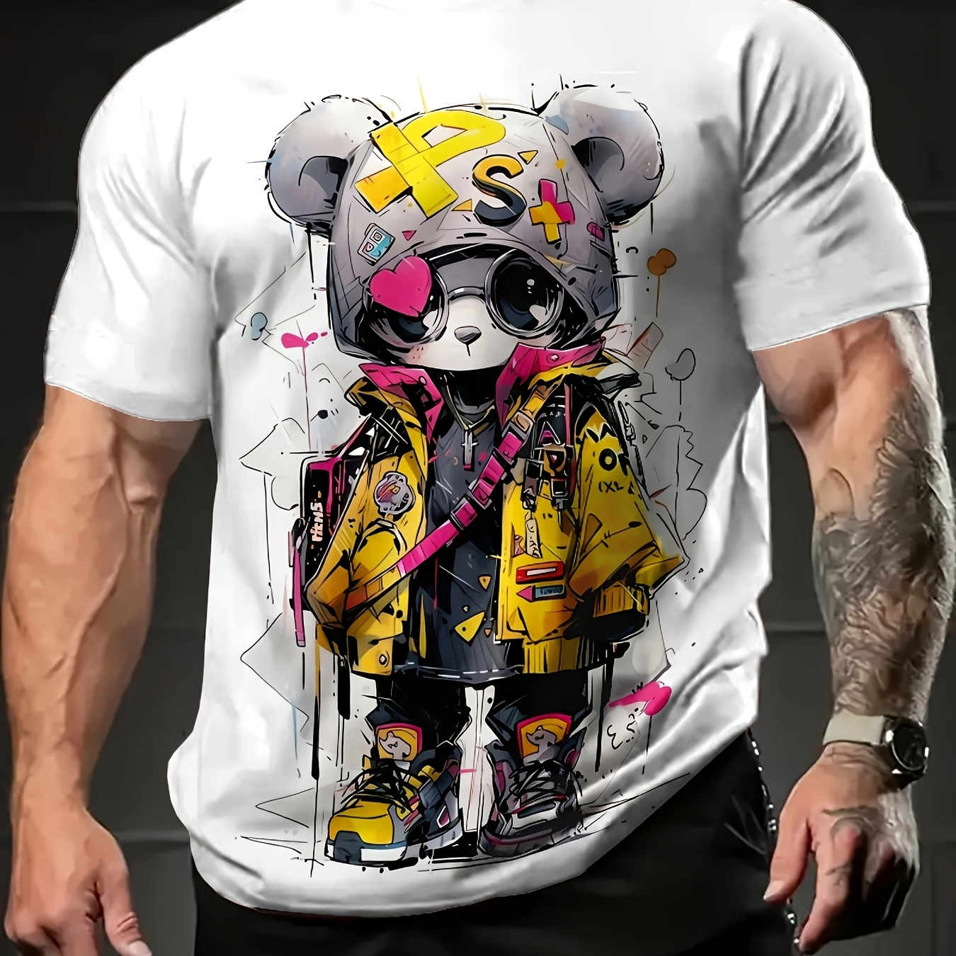 

Men's Summer Fashion Cartoon Style Jacket And Hat Pattern Crew Neck T-shirt, Stylish For Street And Wear