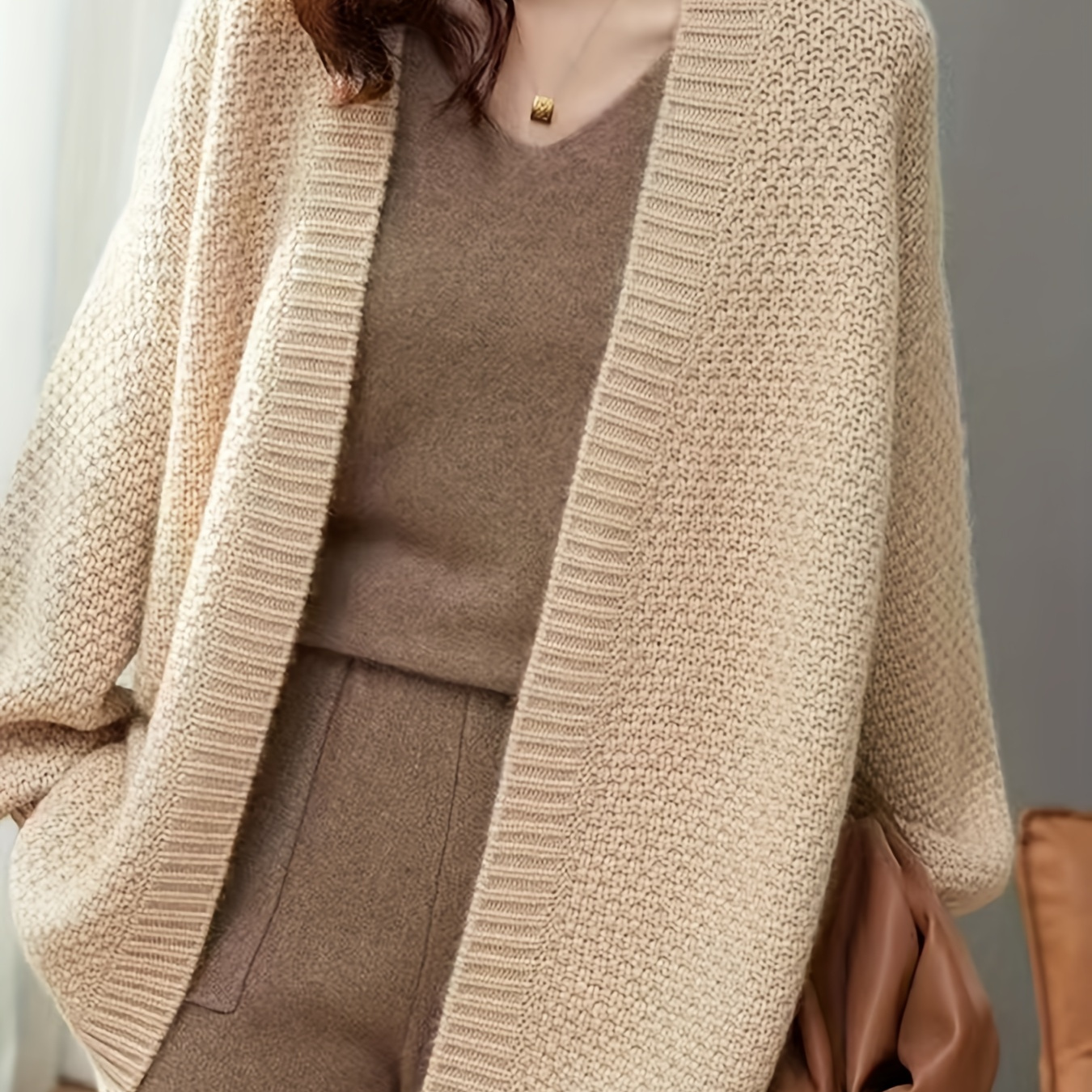 

Casual Collarless Open Front Cardigan - Polyester Knit, Solid Color, Long Sleeve, Regular Length, Loose Fit - Fall/winter Collection