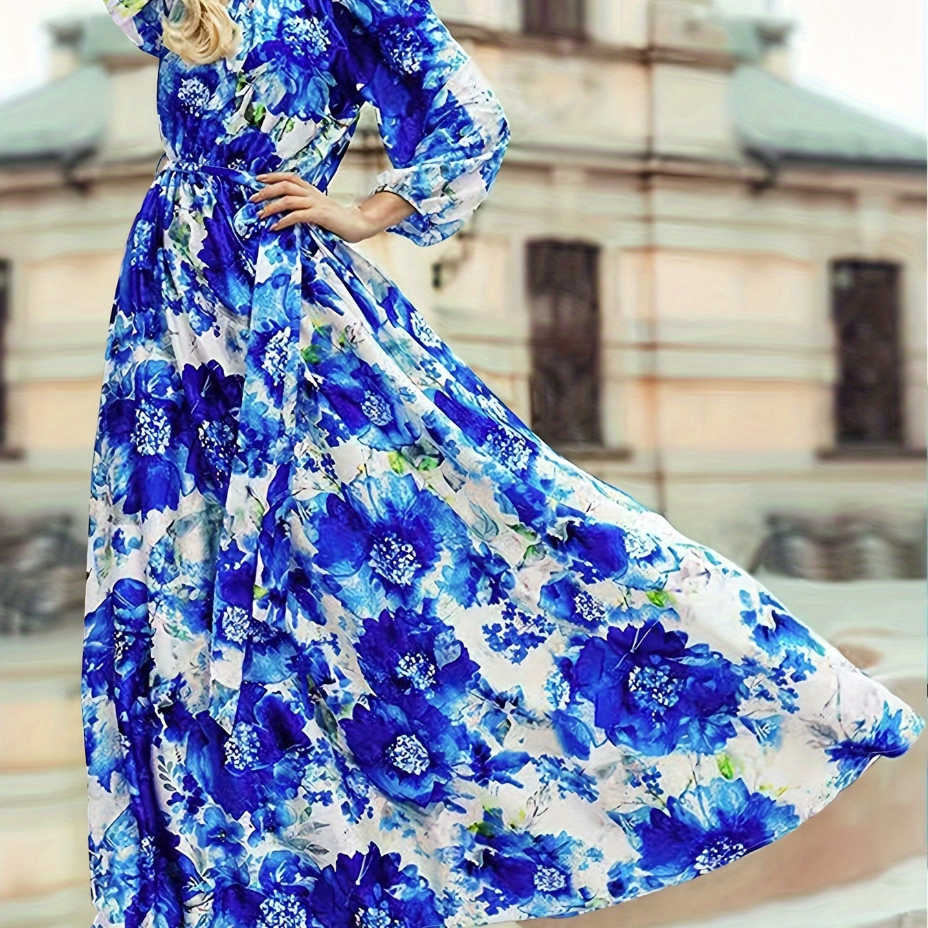 

Floral Print Off Shoulder Dress, Elegant Long Sleeve Maxi Flowy Dress For Spring & Fall, Women's Clothing