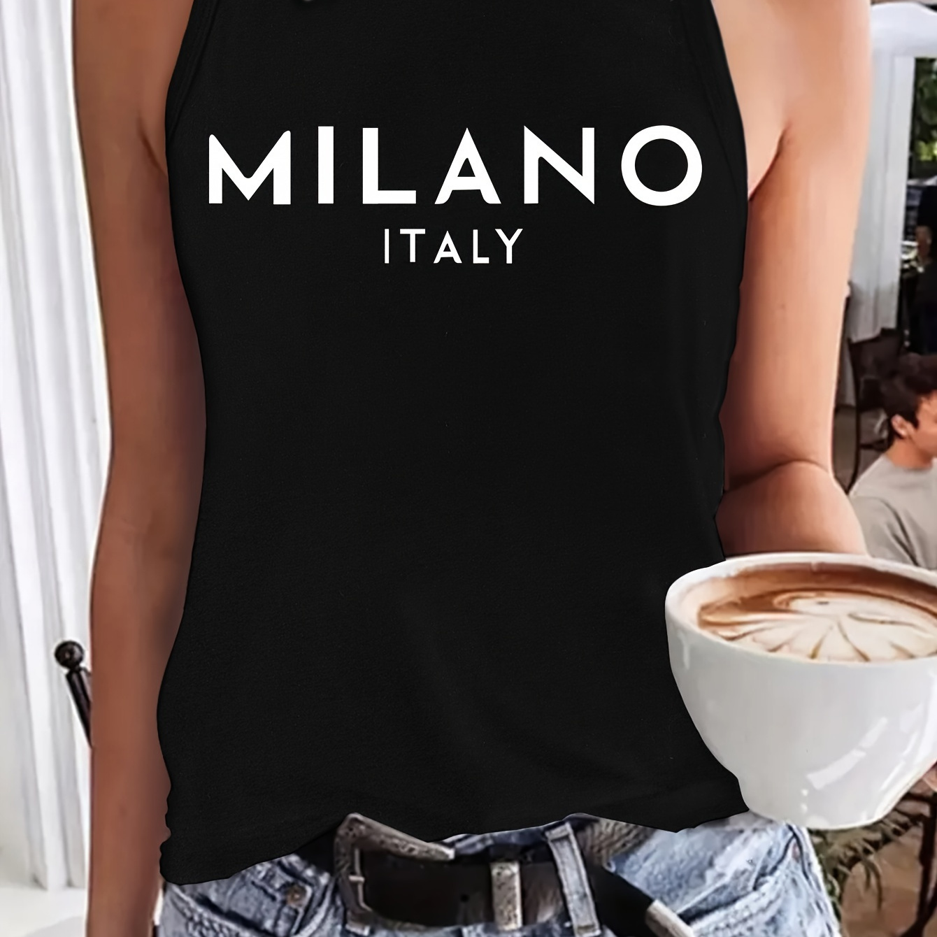 

Milano Print Crew Neck Tank Top, Casual Sleeveless Top For Summer, Women's Clothing