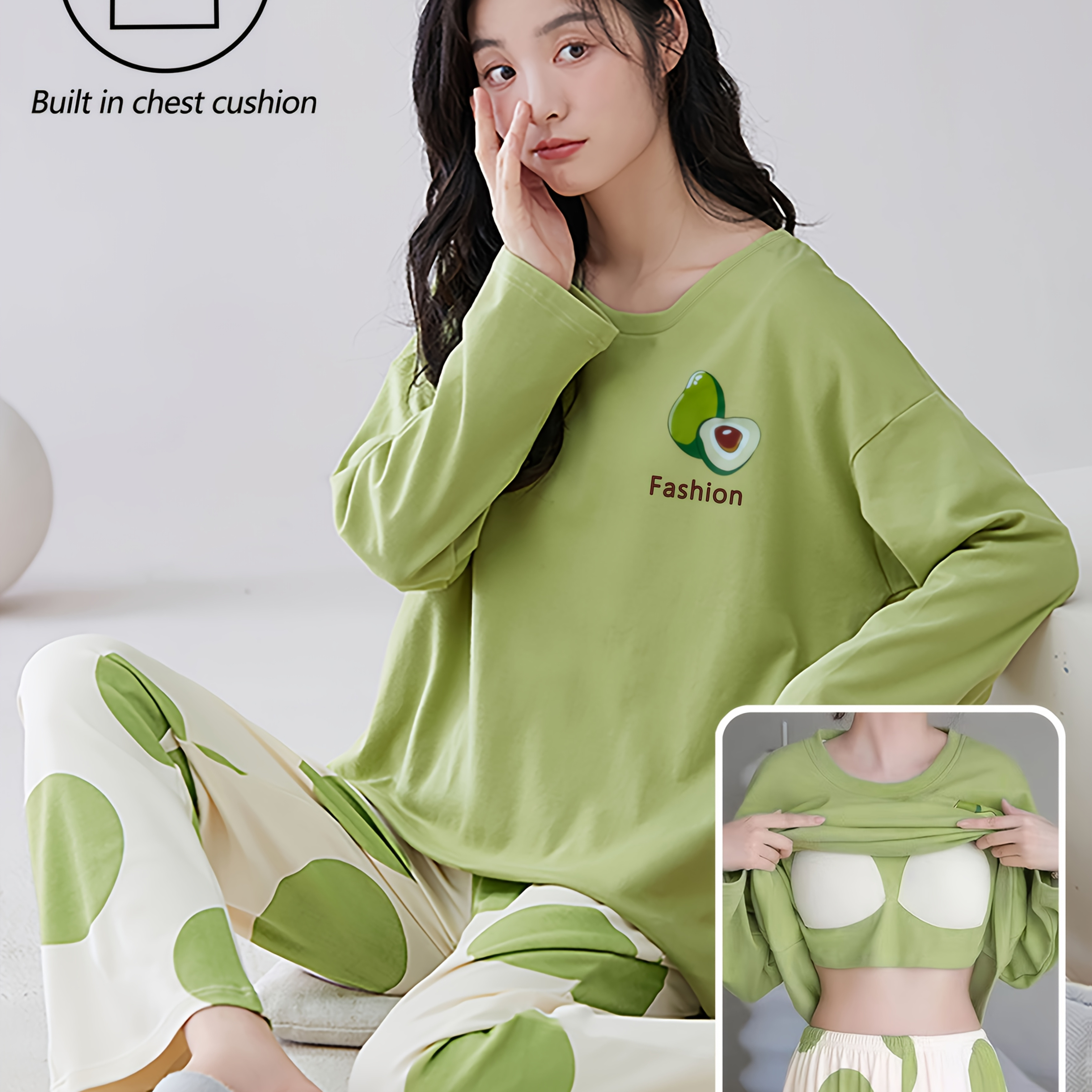 

1set Women's Casual Crew Neck Long Sleeve Pajama Set, Avocado Pattern Knit Polyester 96% Elastane 4%, Comfortable Fall/winter Sleepwear With Green Polka Dot Long Pants, Autumn Winter, Sleepwear Set