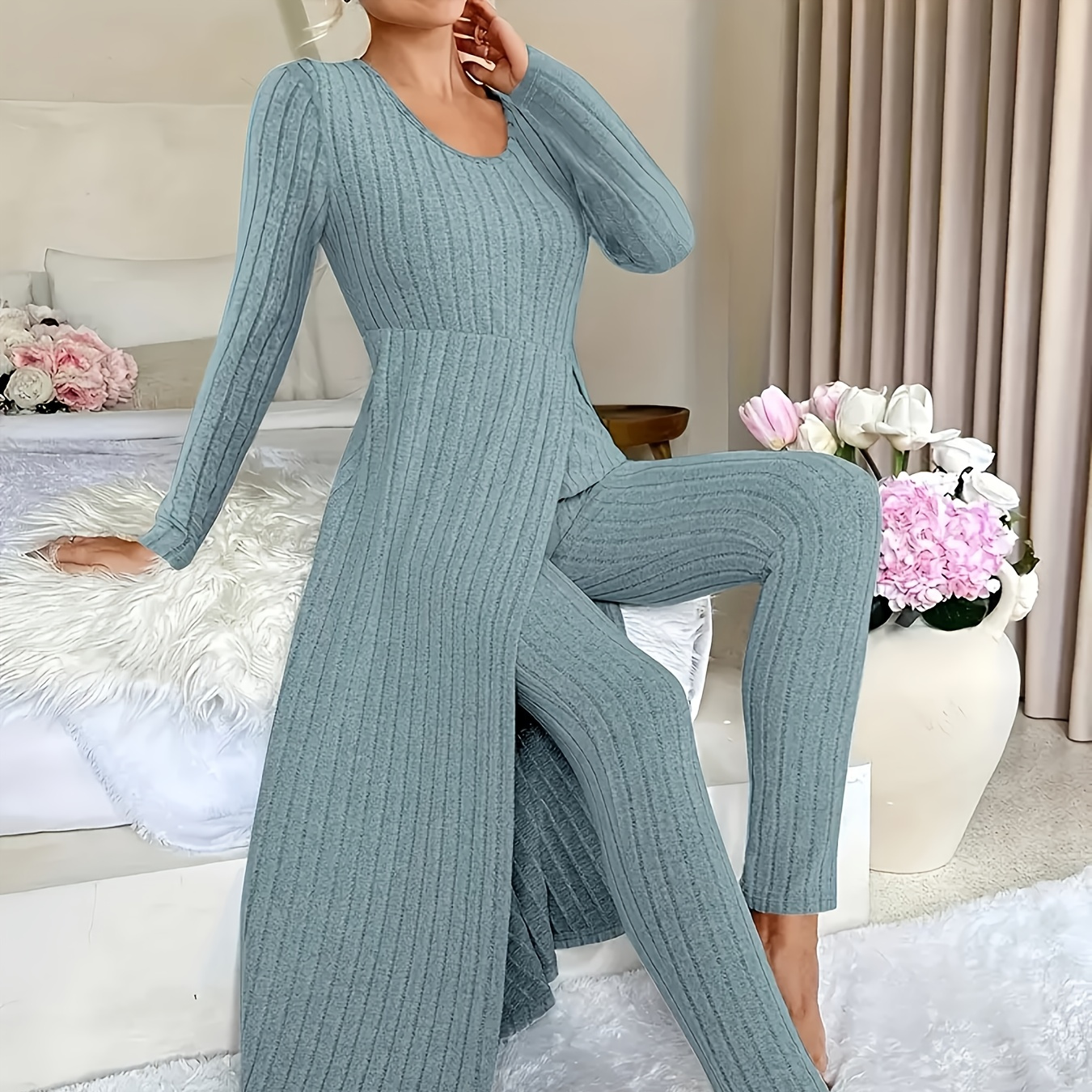 TEMU A Relaxed Fit Long-sleeve Dress With Pants, Made From Soft Brushed Fabric, Featuring A Solid Color With -dimensional, Wear And Outfits