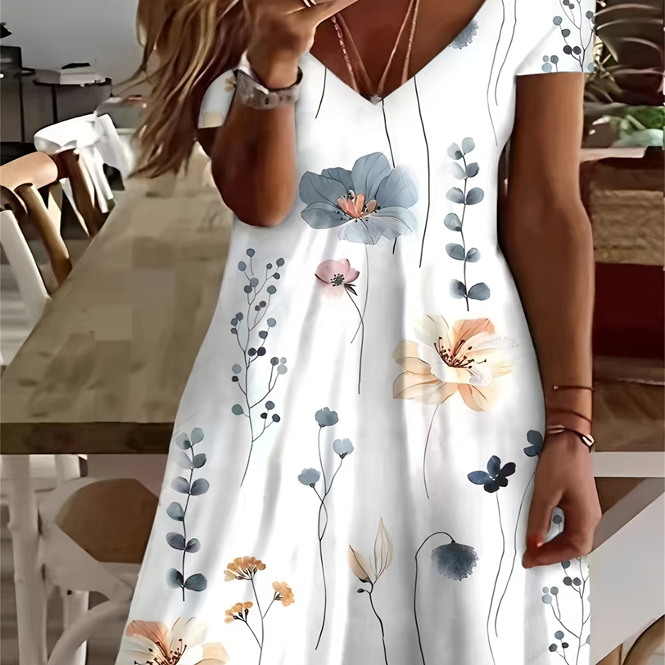 

Robe à imprimé floral, col en V, décontractée, à manches courtes, ample, pour le printemps et l'été, vêtements pour femmes.