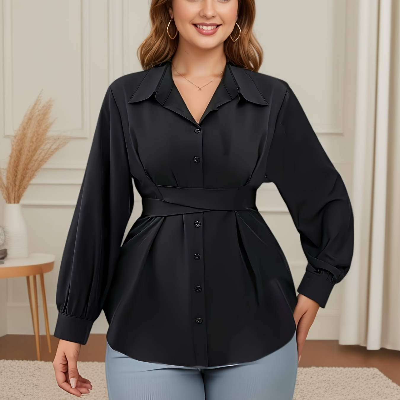 

Size Long Sleeve Blouse With -tie Waist - Square Neck, Non-stretch Polyester - Spring & Fall, Elegant Style, Spring/autumn