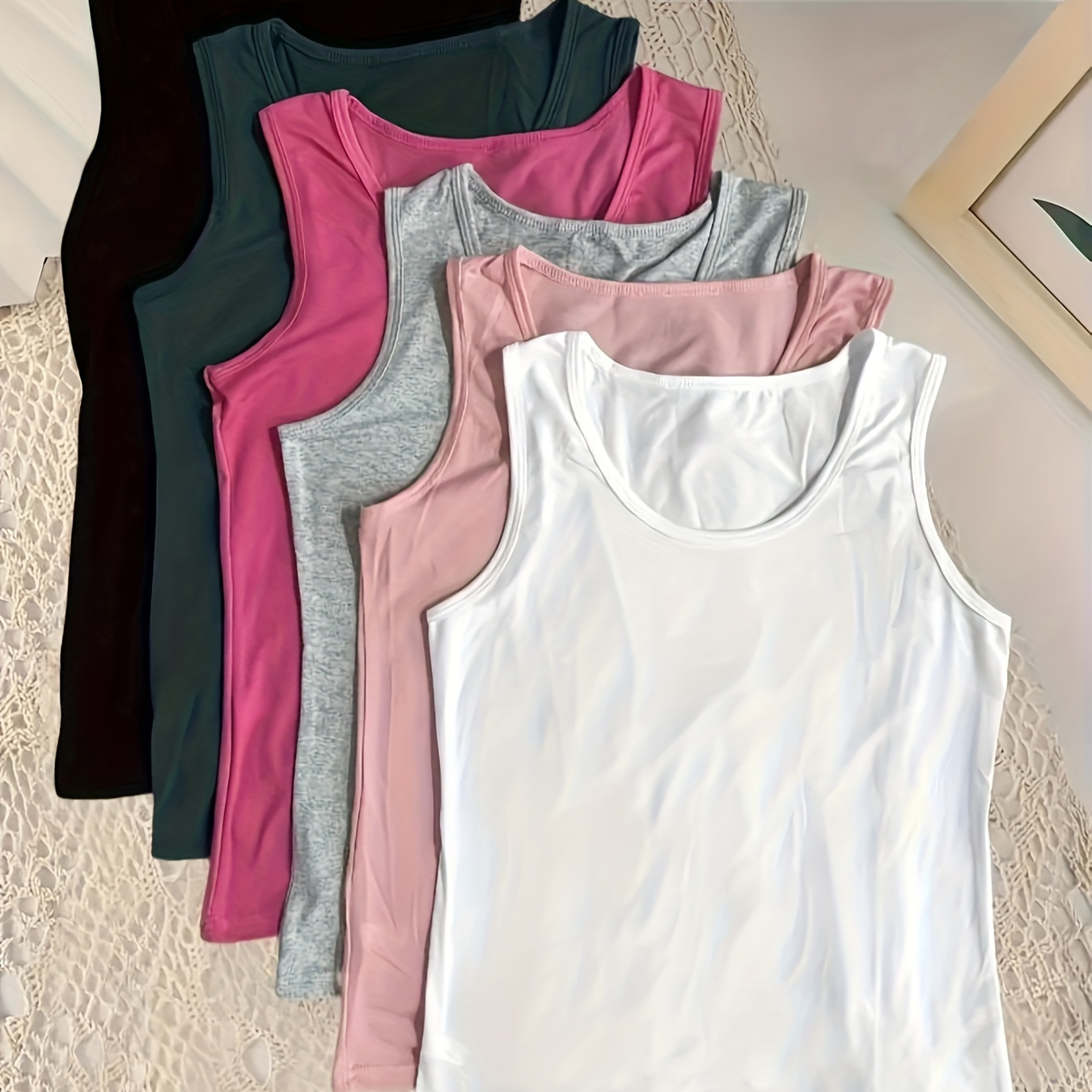 

6-pack Nylon Tank Tops For Women, Casual Crew Neck Sleeveless Shirts, Solid Color Knit Fabric Pullovers With Medium Stretch, Layering Basics