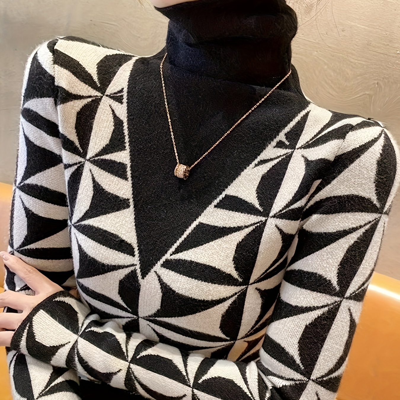 

Geo Pattern Turtleneck Knit Sweater, Elegant Long Sleeve Pullover Sweater For Fall & Winter, Women's Clothing