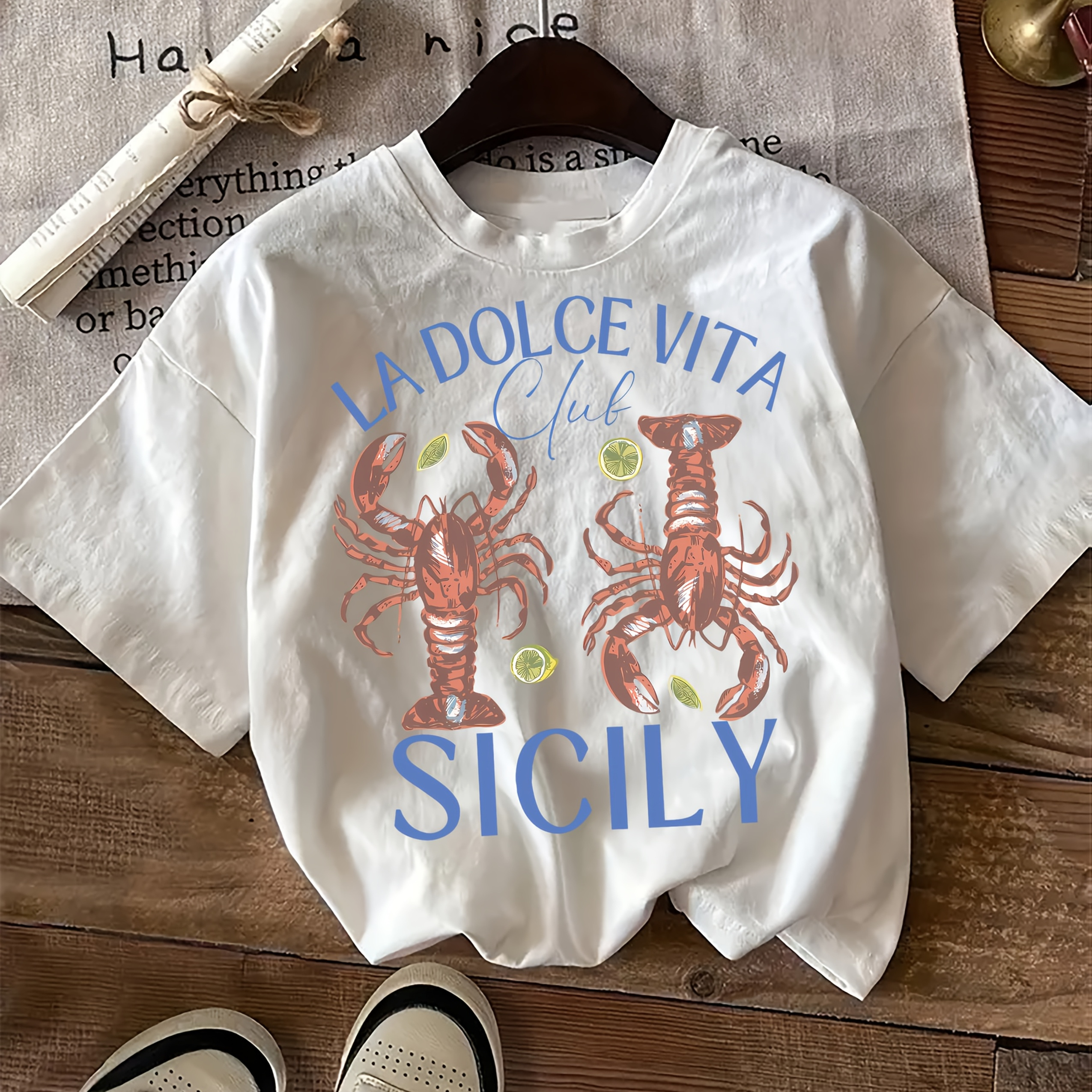 

Women's Casual Crew Neck T-shirt, Viscose , Short Sleeve, Regular Fit, With Lobster And Letter Print, For Knit Top