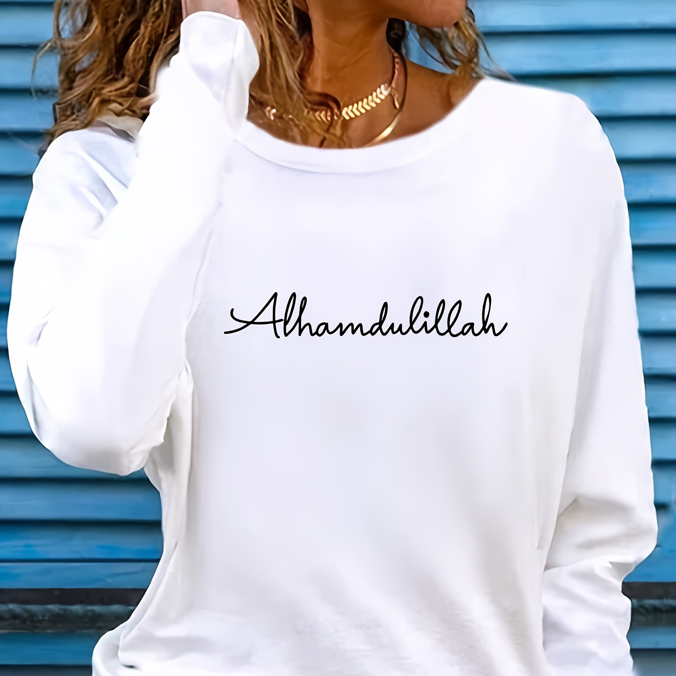 

Women's Casual Long Sleeve Crew Neck T-shirt With Alphabet Applique, 100% Polyester Knit Fabric, Regular Length, All Season Top - "alhamdulillah" Print