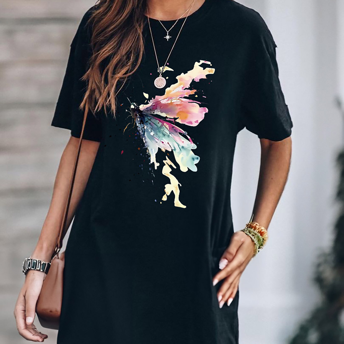 

Dragonfly Print Crew Neck Tee Dress, Casual Short Sleeve Dress For Spring & Summer, Women's Clothing