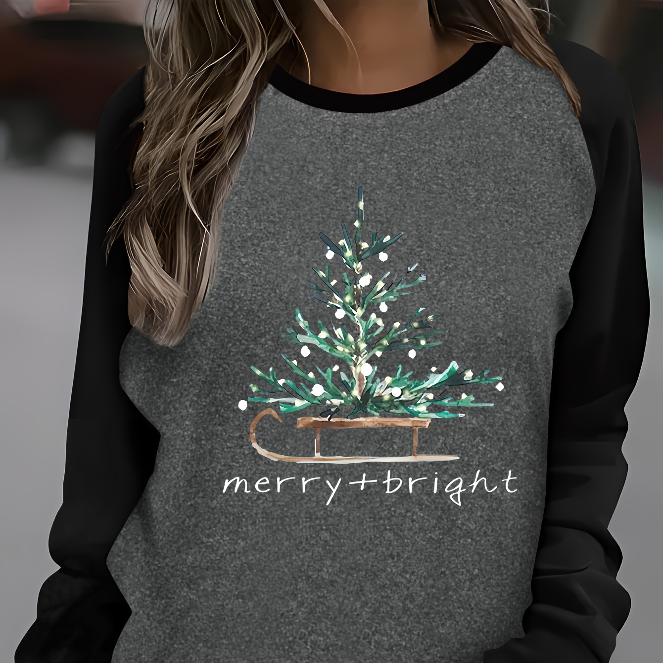 

Women's Merry Christmas Long Sleeve T-shirt, Alphabet Applique, Crew Neck, Knit Polyester , Casual Holiday Top, All Season Fit, 95% Polyester 5% Spandex, 180gsm - Regular Length