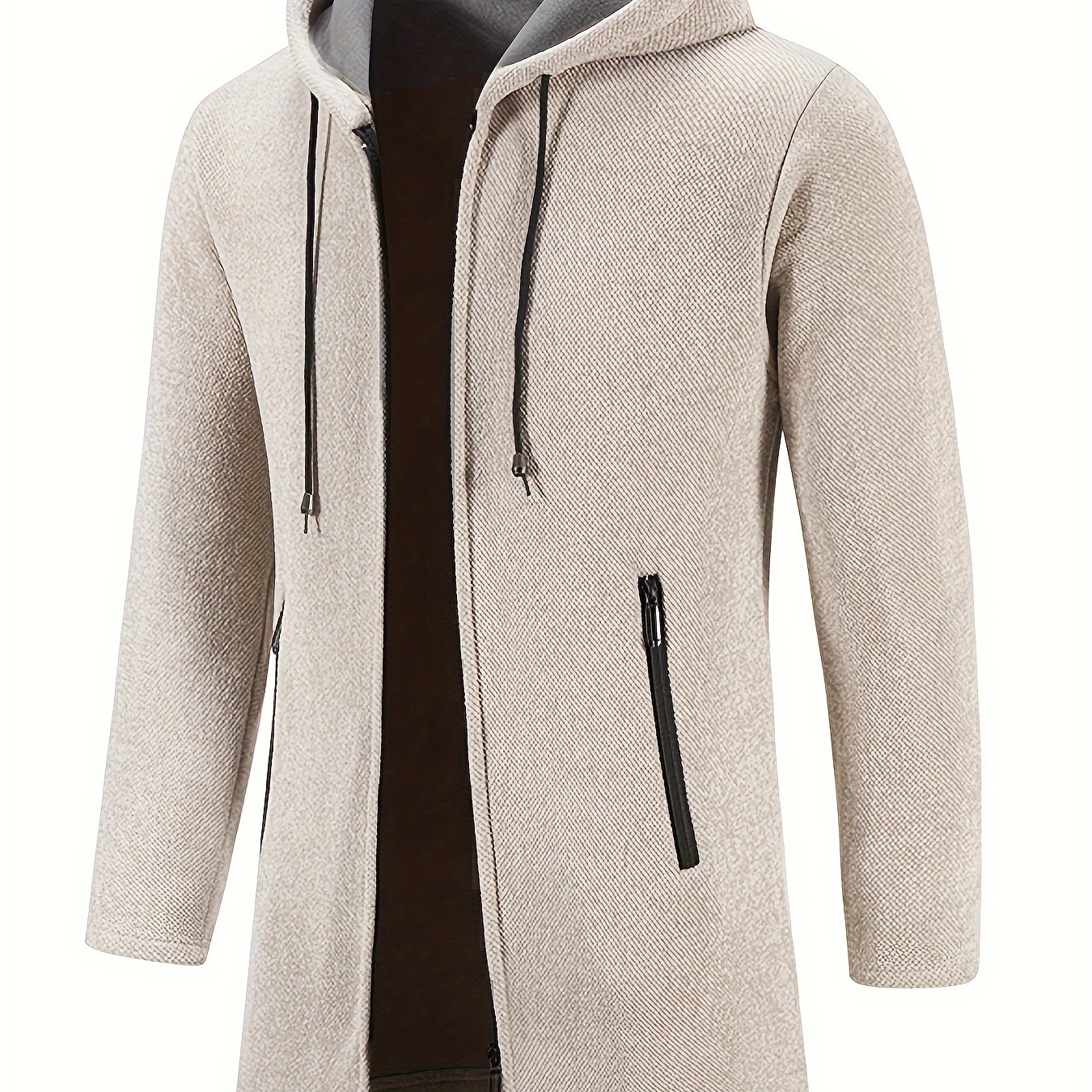 

Men's Mid Long Comfy And Warm Solid Hooded Long Sleeve And Zipper Down Knit Sweater Jacket With Zippered Pockets, Casual Jacket For Autumn And Winter Outdoors Wear