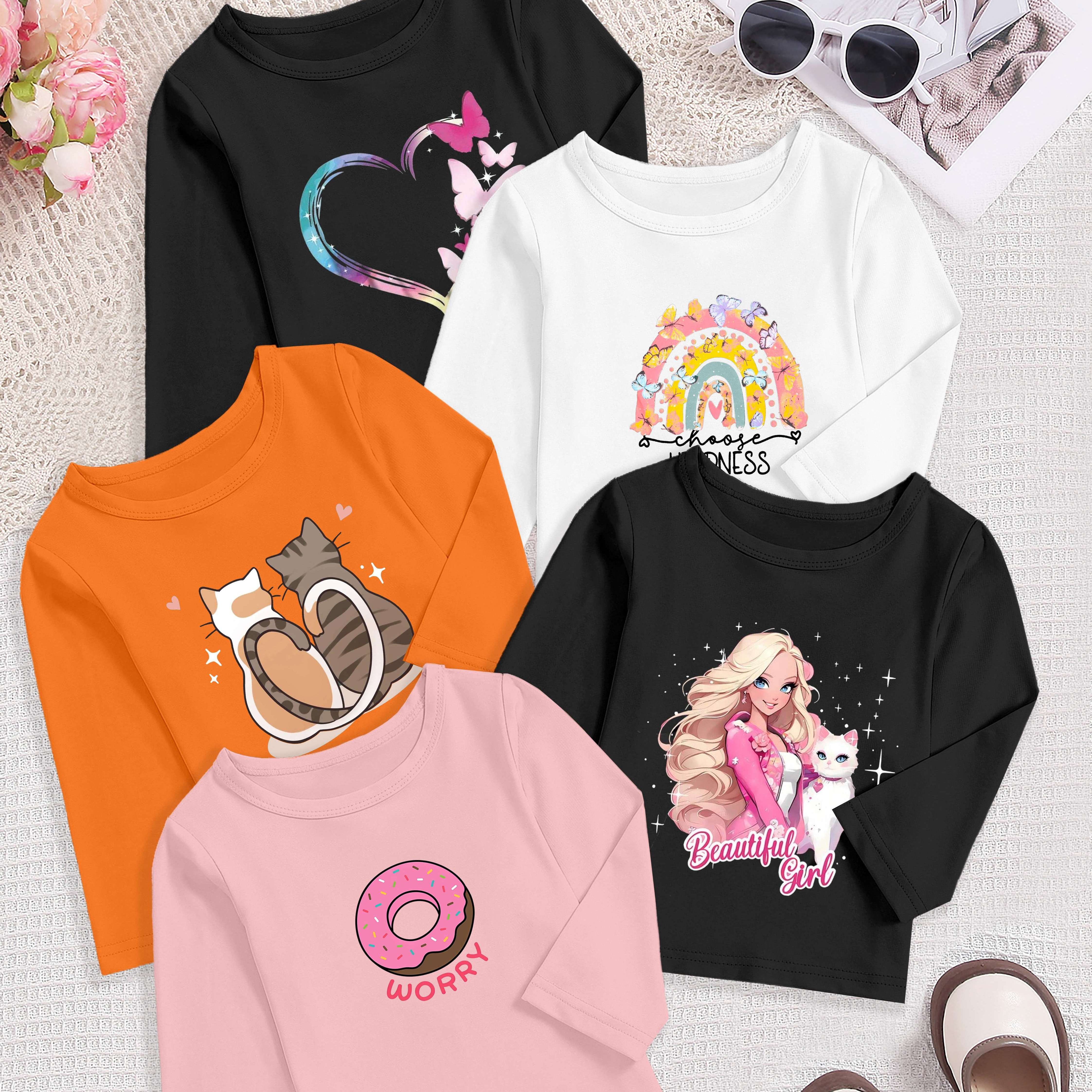 

Cartoon Pattern Print, Baby Girl Fashion Casual Simple Round Neck Long Sleeve T-shirt, 5-piece Set