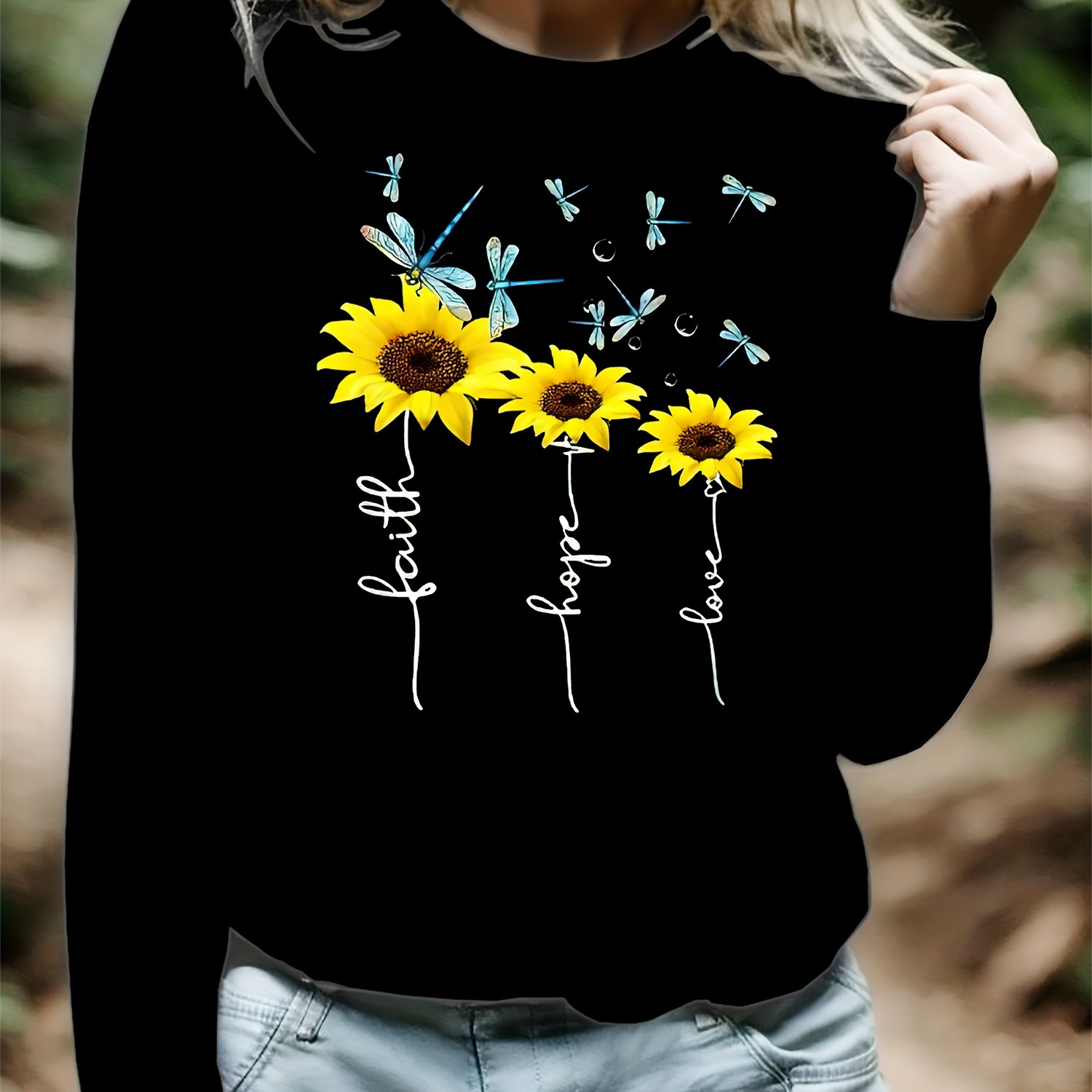 

Flower Print Crew Neck T-shirt, Casual Long Sleeve Top For Spring & Fall, Women's Clothing