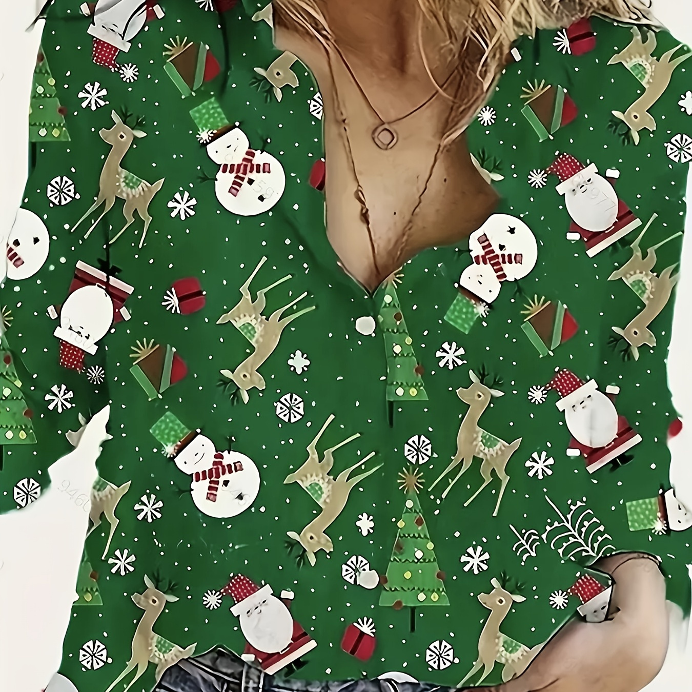 

1pc Christmas Long Sleeve Women's , Polyester Lapel Collared Shirting, Pattern Top