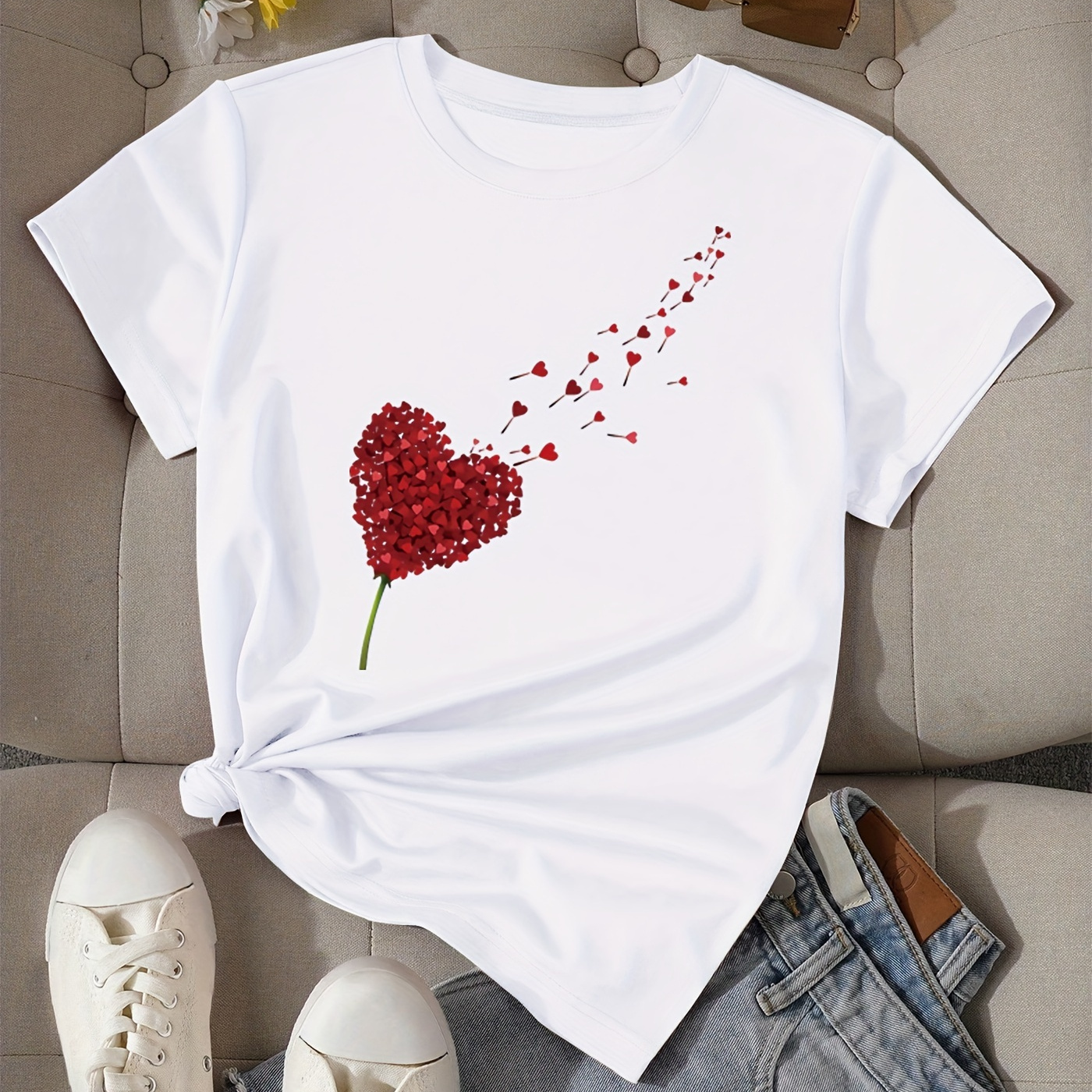 

Love Print T-shirt, Short Sleeve Crew Neck Casual Top For Summer & Spring, Women's Clothing