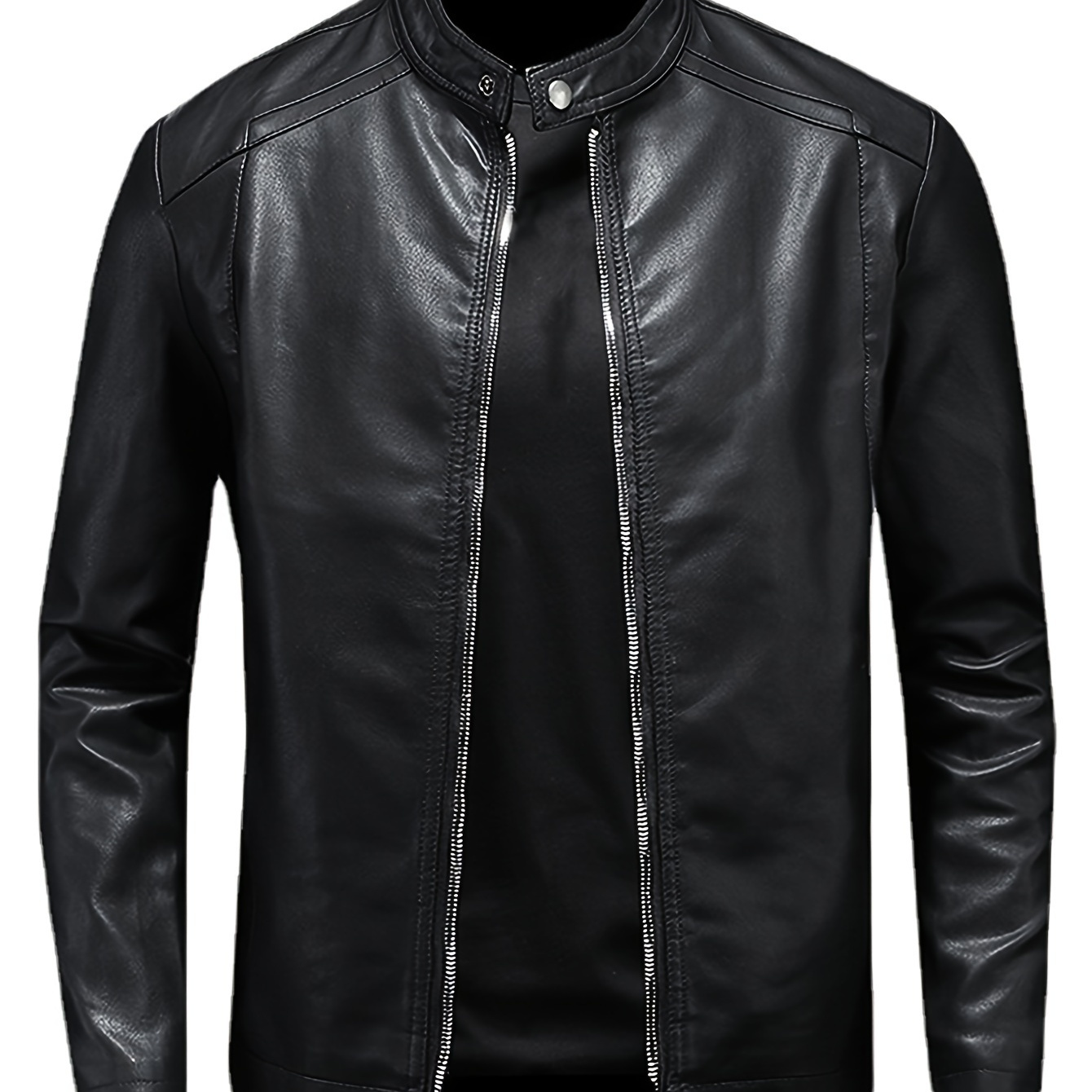 

Men's Casual Leather Jacket, Stand Collar, Zippered Pockets, Classic Motorcycle Style Outerwear