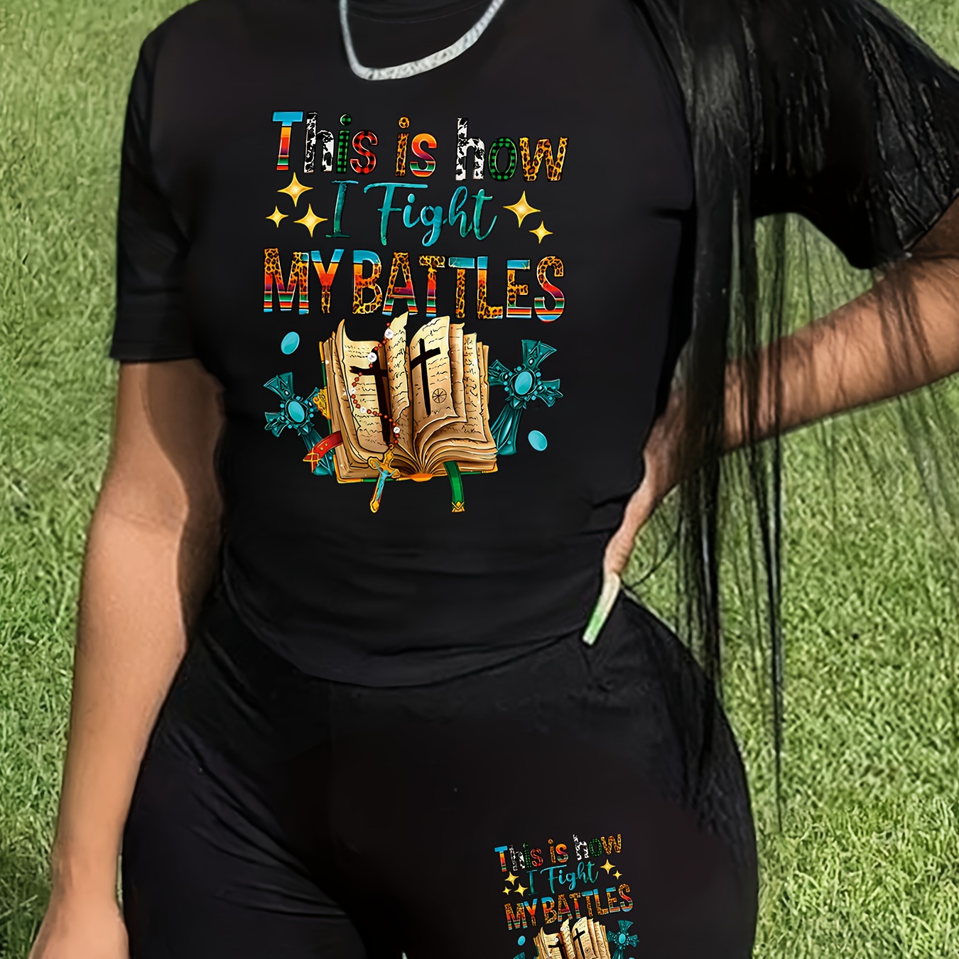 

Plus Size Book Print Two-piece Set, Crew Neck Short Sleeve Top & Shorts Outfits, Women's Plus Size clothing