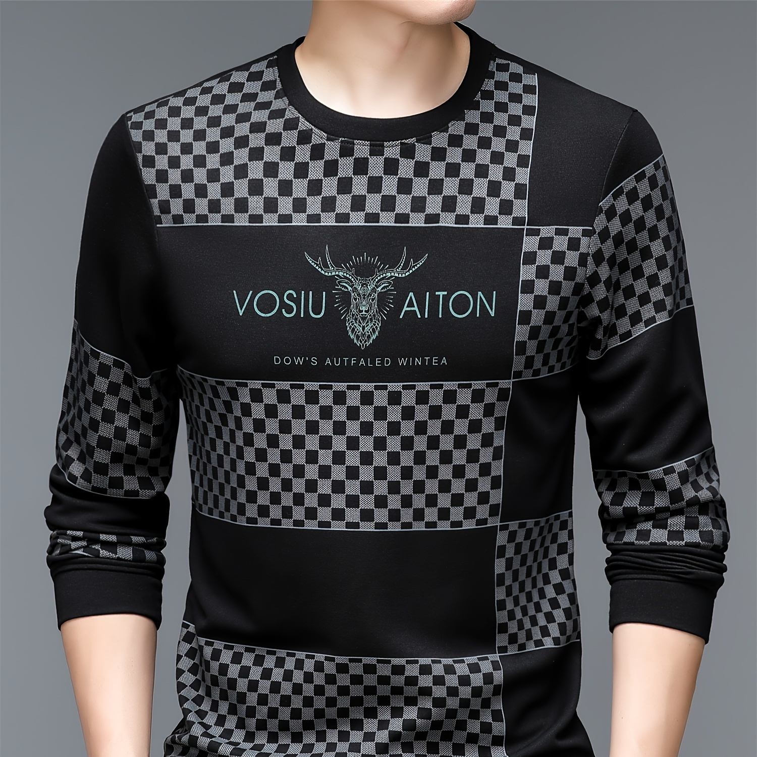 

Men's Color Blocking Checks & Deer Pattern Sweatshirt, Casual Trendy Long Sleeve Thin Base Pullover As Gift