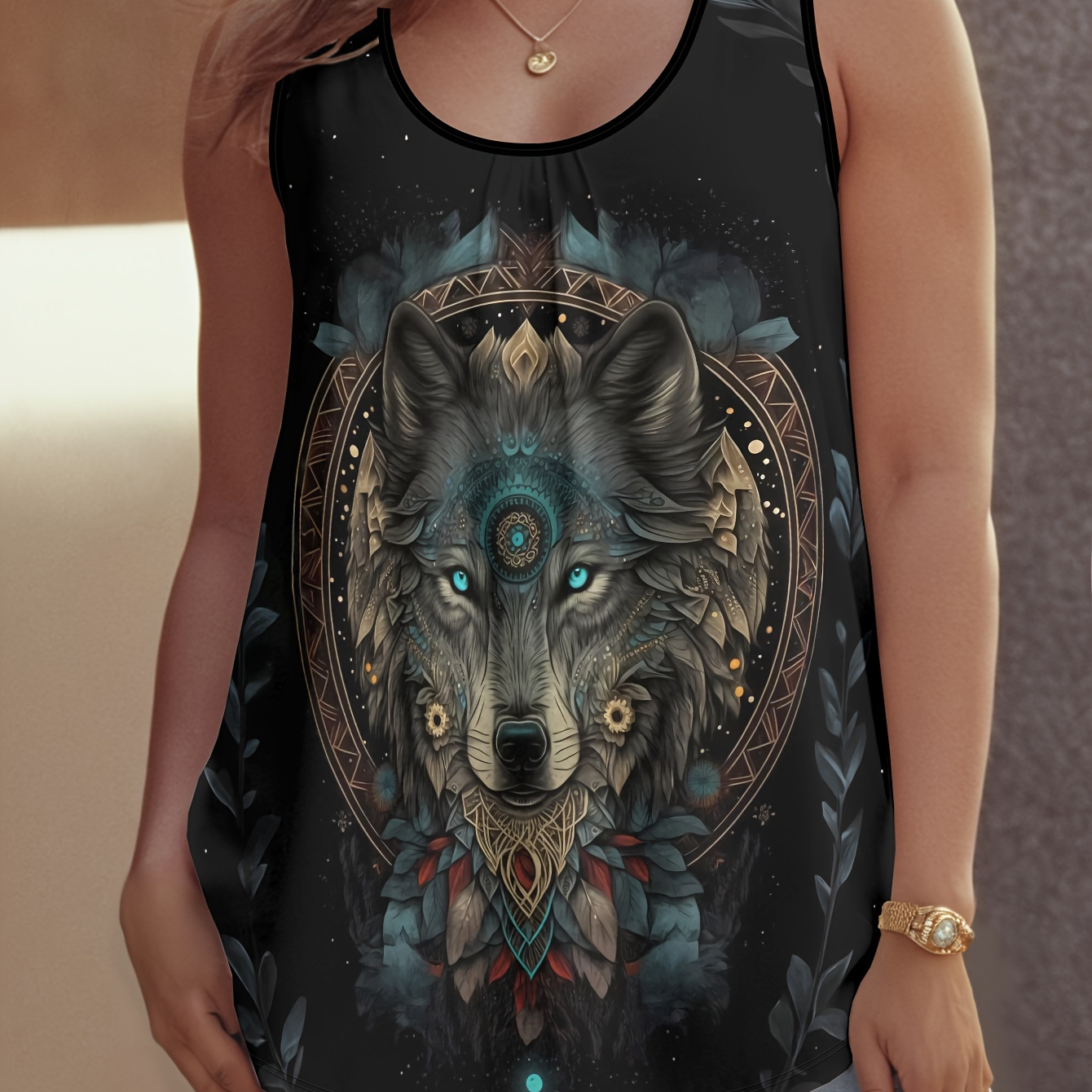 

Plus Size Wolf Print Tank Top, Vacation Crew Neck Sleeveless Tank Top For Summer, Women's Plus Size Clothing