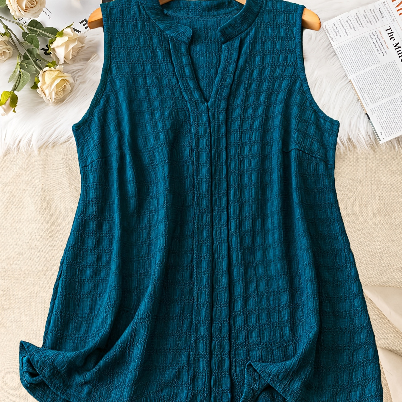 

Women's Elegant V-neck Knit Vest, 95% Polyester 5% Spandex, Solid Color, High Stretch Fabric, Versatile Top, 200g/m² - Teal