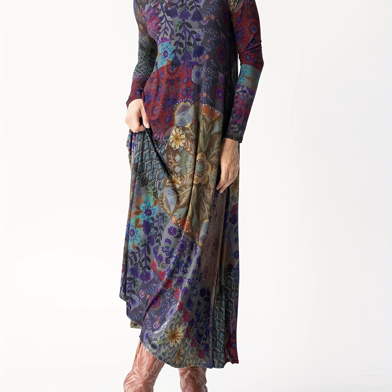 

Vintage-inspired Floral Patchwork Maxi Dress For Women - Long Sleeve, Crew Neck, Fall/winter