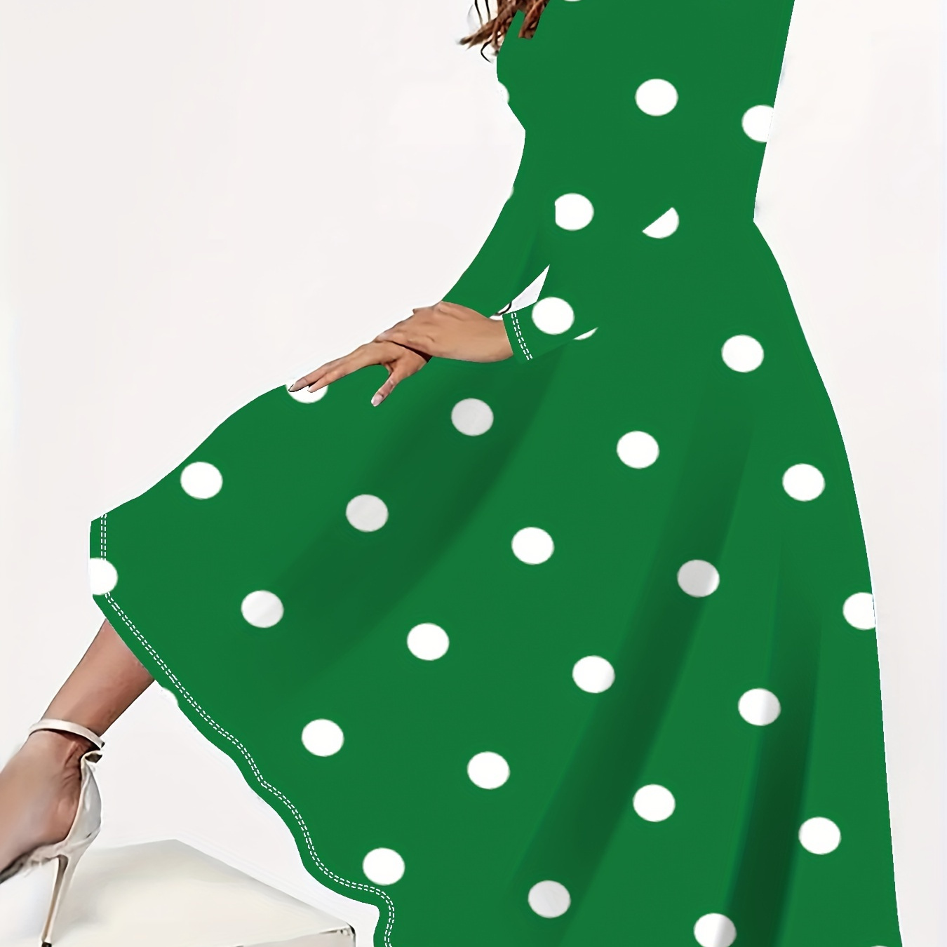 

Plus Size Polka Dot Print Dress, Elegant Crew Neck Long Sleeve Dress For Spring & Fall, Women's Plus Size Clothing