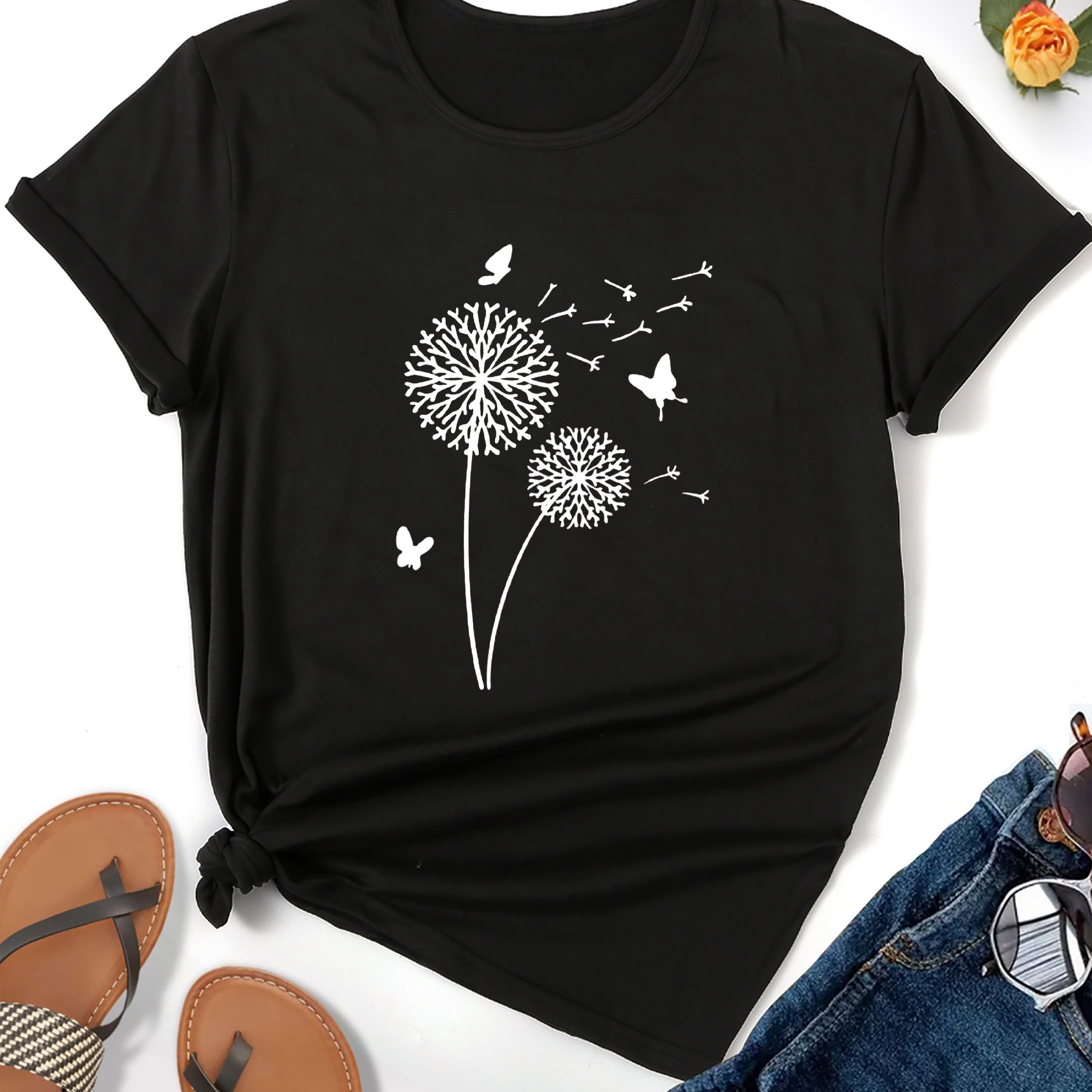 

Dandelion & Butterfly Print T-shirt, Casual Short Sleeve Crew Neck Top For Spring & Summer, Women's Clothing