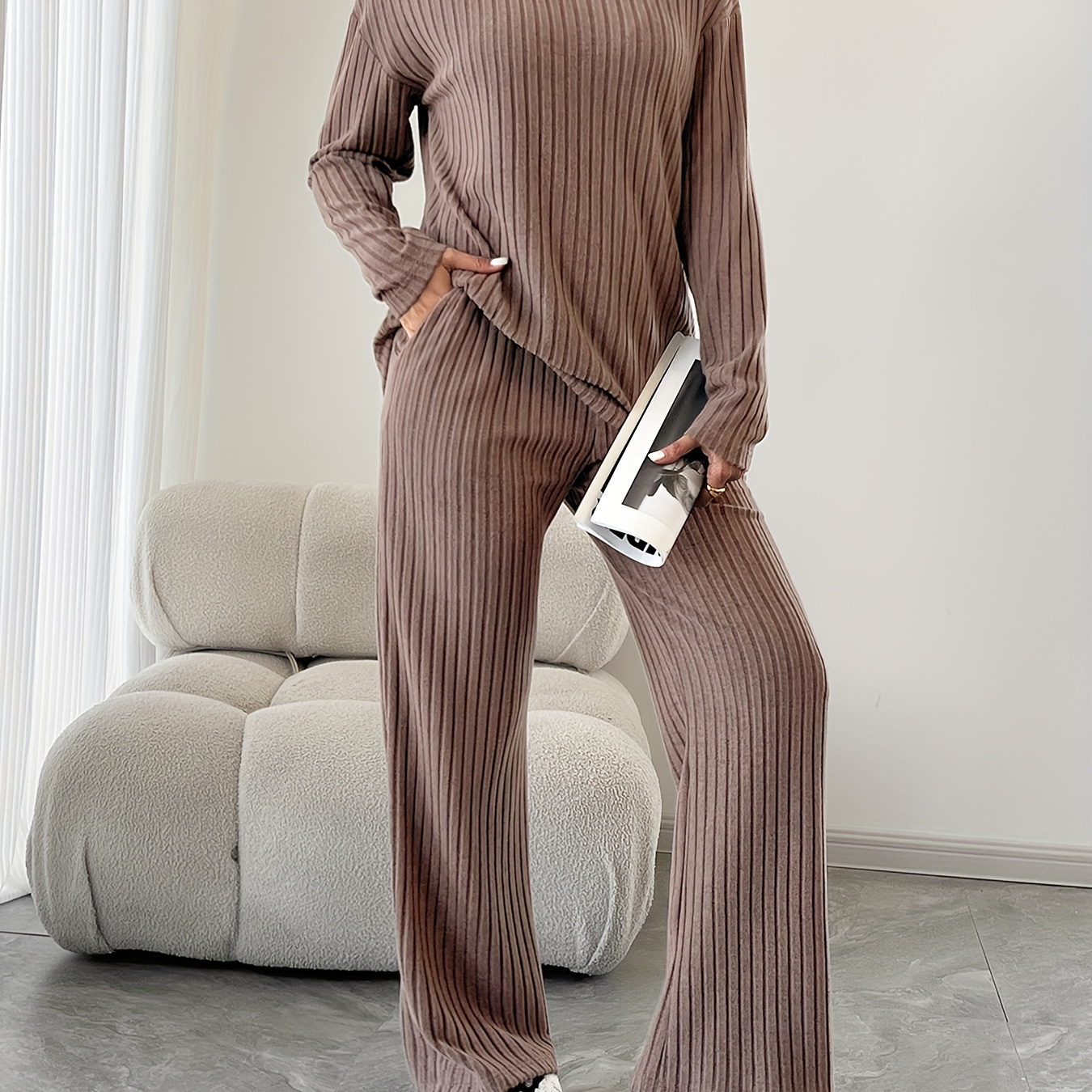 

Ribbed Knitted Pantsuits, Drop Shoulder Long Sleeve V Top & Straight Leg Pants Outfits, Women's Clothing