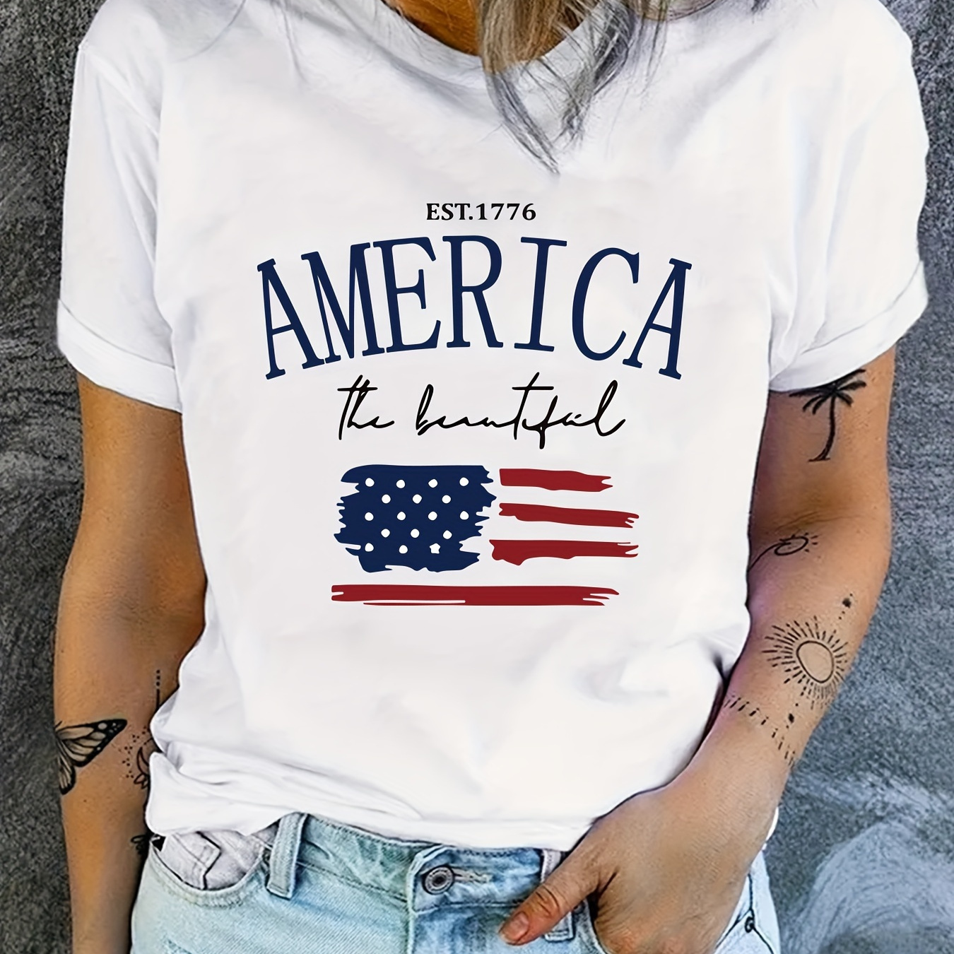 

America Flag Print Crew Neck T-shirt, Casual Short Sleeve Top For Spring & Summer, Women's Clothing