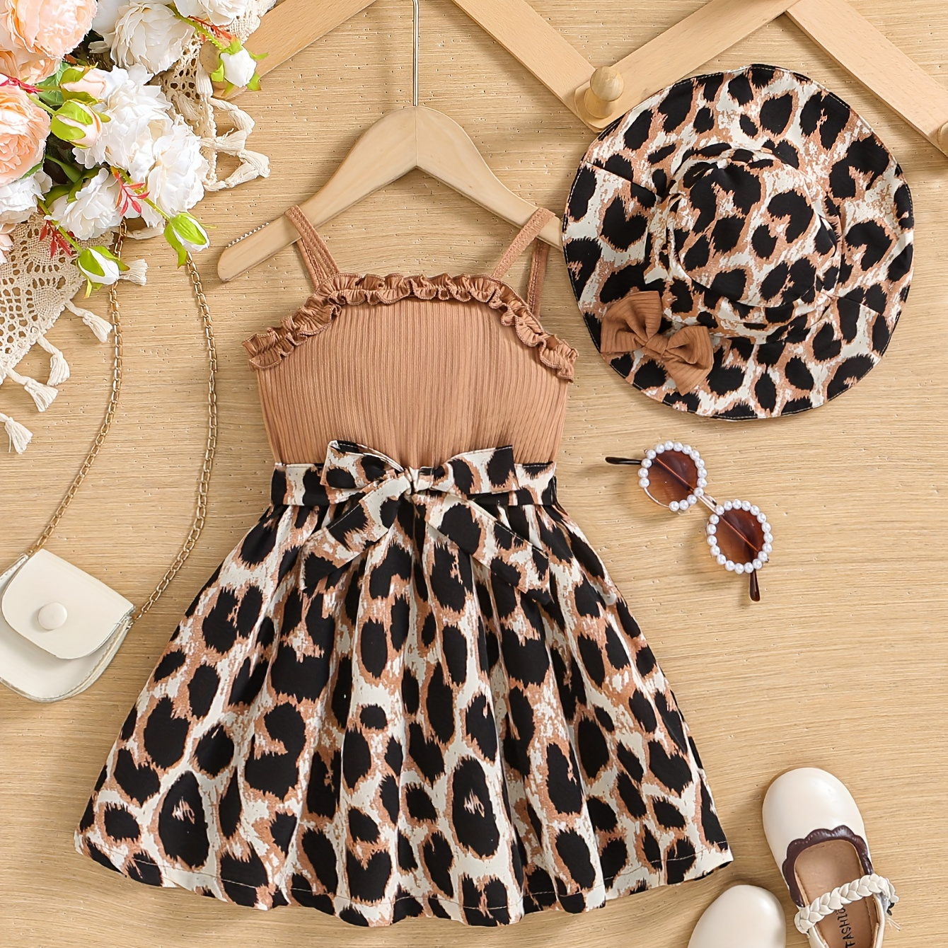

Baby Toddler Girls Stylish Lace Edge Suspender Pit Striped Dress Stitching Full Leopard Print Bottom + Matching Full Print Hat Elegant Style Casual Baby Clothing