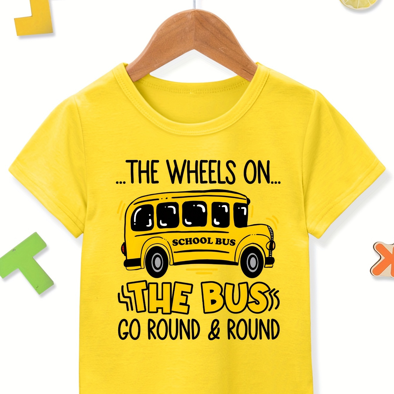 

Casual Trendy Boys' Summer Top - The Wheels On The Bus... & Bus Print Short Sleeve Crew Neck T-shirt - Sporty Outing Tee Gift