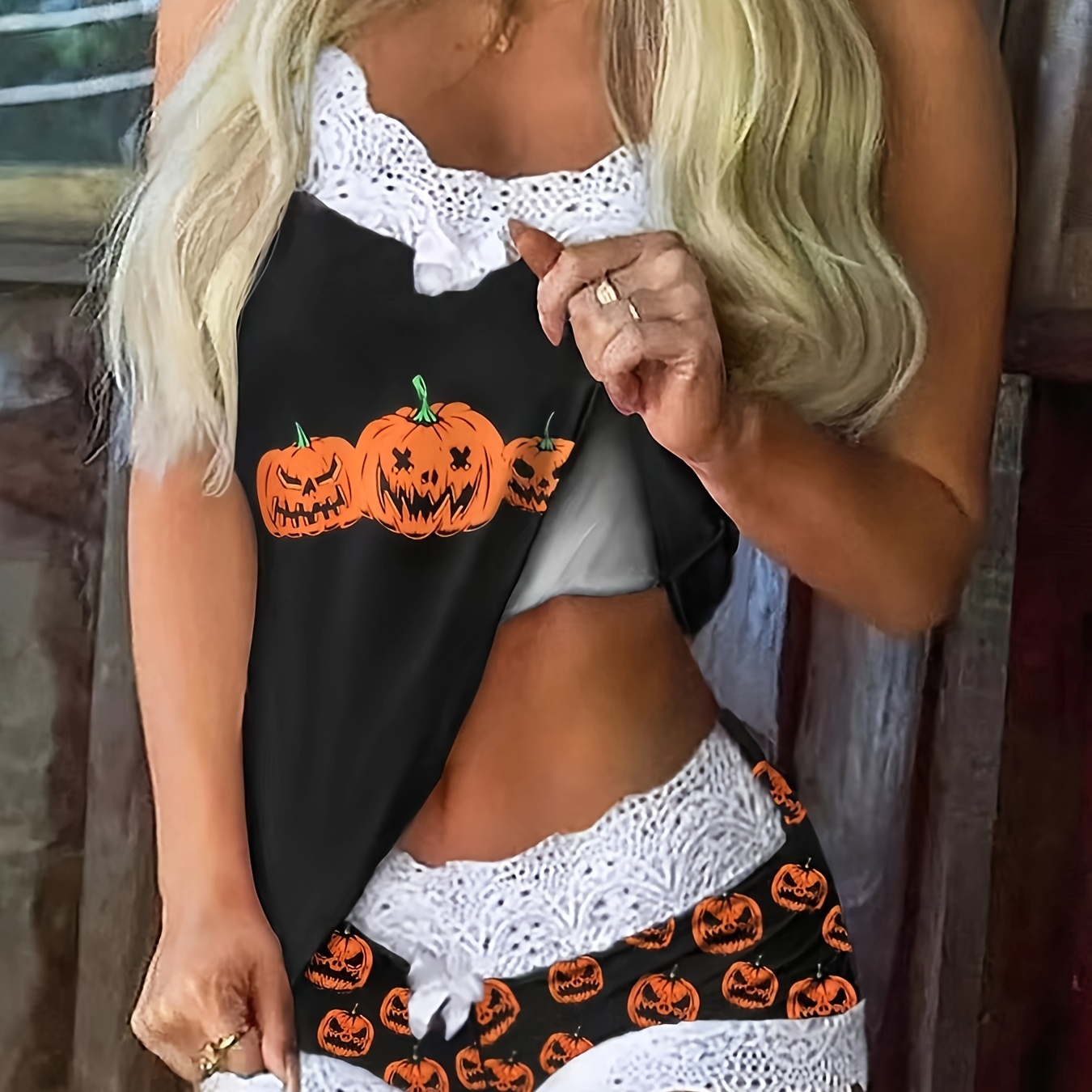 

Women's Halloween Pumpkin Lounge Set - Sexy Lace Trim Cami Top & Shorts, Breathable Polyester , Machine Washable