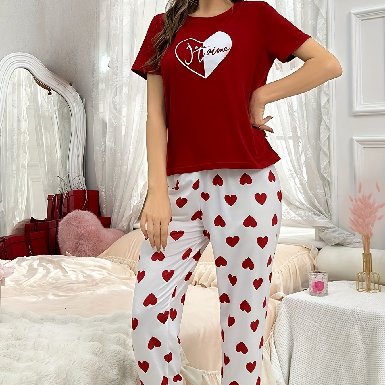 

1 Set, Casual Heart Print Women's Pajama Set, Comfortable Round Neck Short Sleeve T-shirt And Stretch Pants, Mid Elasticity, Machine Washable, Women's Pajamas And Loungewear For Spring/fall