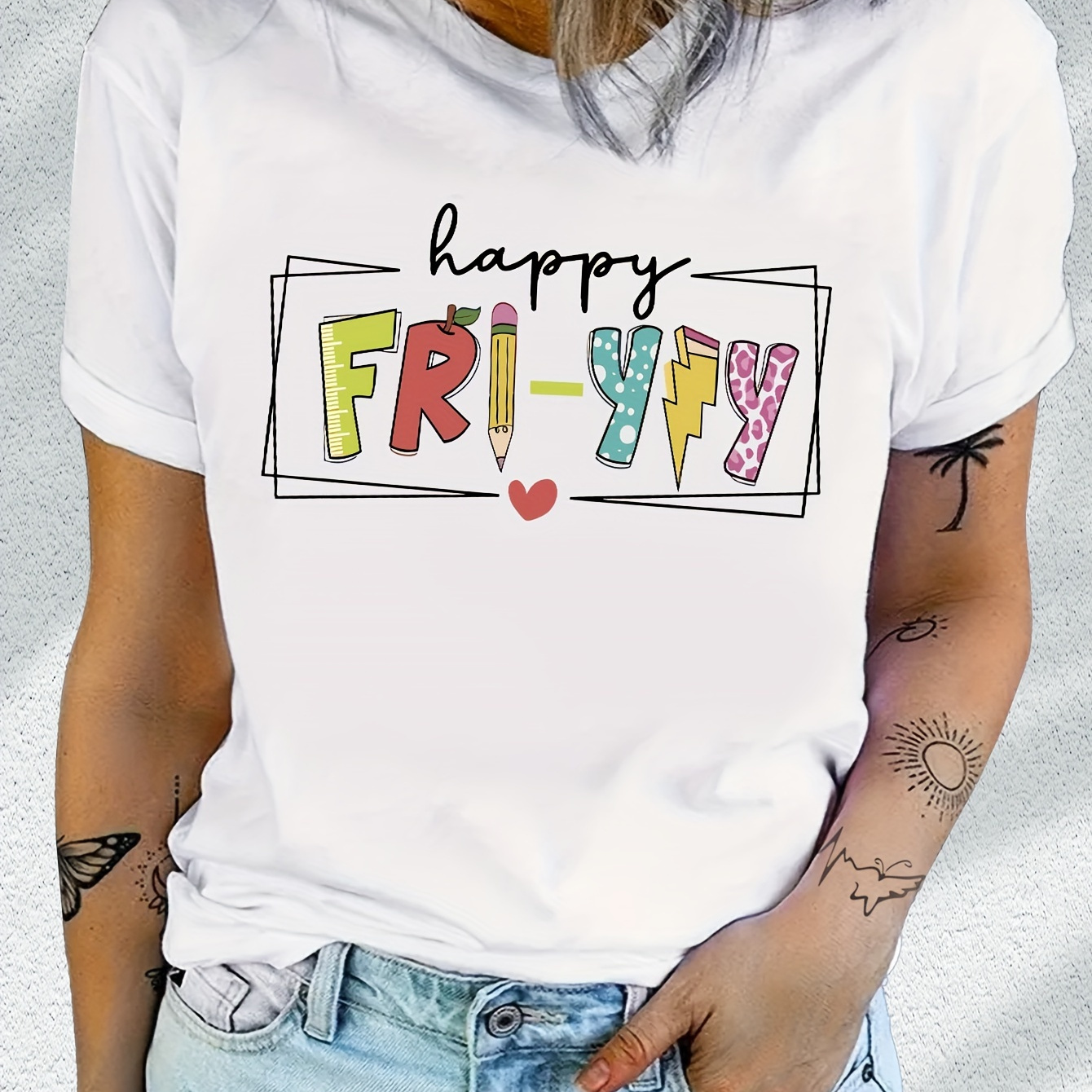 

Happy Applique Letter Print Women's T-shirt - Casual Crew Neck, Polyester Spandex Blend, Knit Fabric, Regular Length, Top