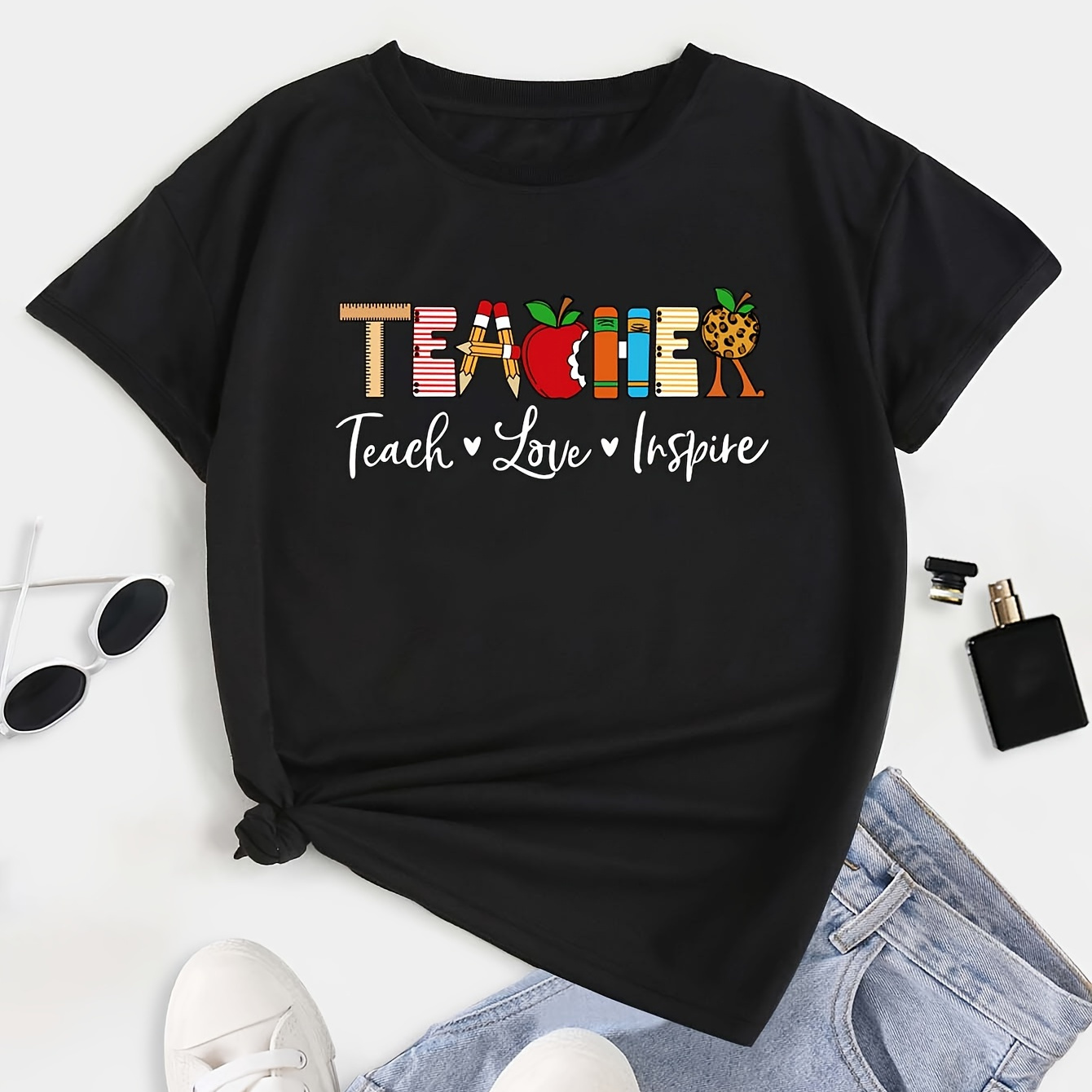 

Teacher Letter Print T-shirt, Short Sleeve Crew Neck Casual Top For Summer & Spring, Women's Clothing