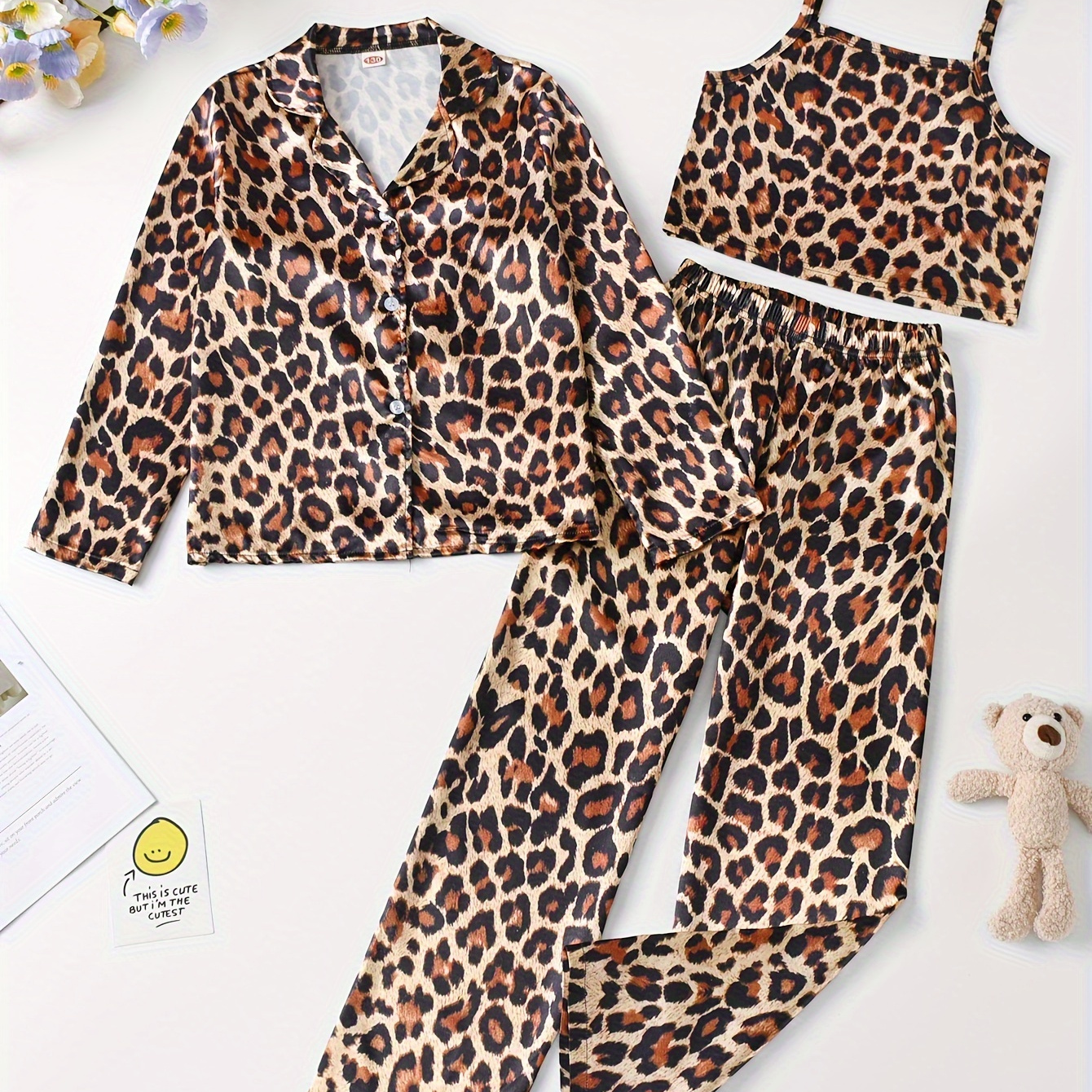 

Girls 3-piece Pajama Sets Allover Leopard Pattern Lapel Front Buckle Chest Pocket Long Sleeve Top & Matching Camisole & Matching Pants Casual Pj Sets