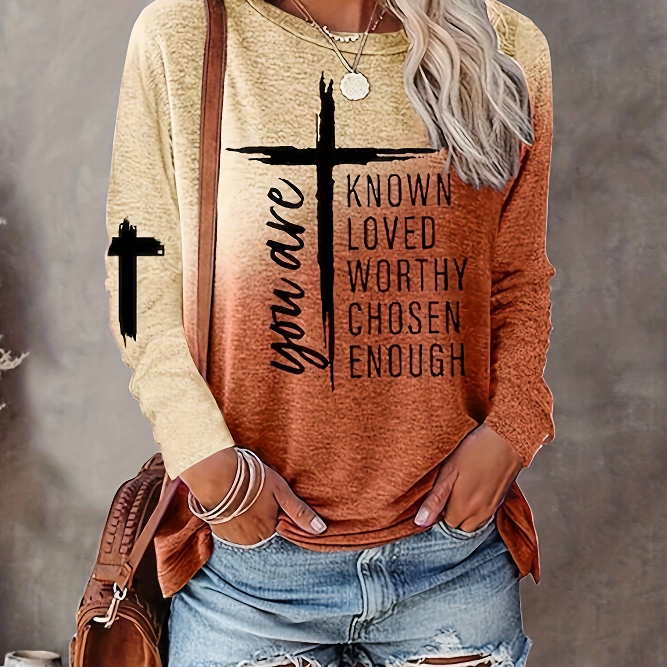 

Cross & Letter Print T-shirt, Casual Crew Neck Long Sleeve T-shirt, Women's Clothing