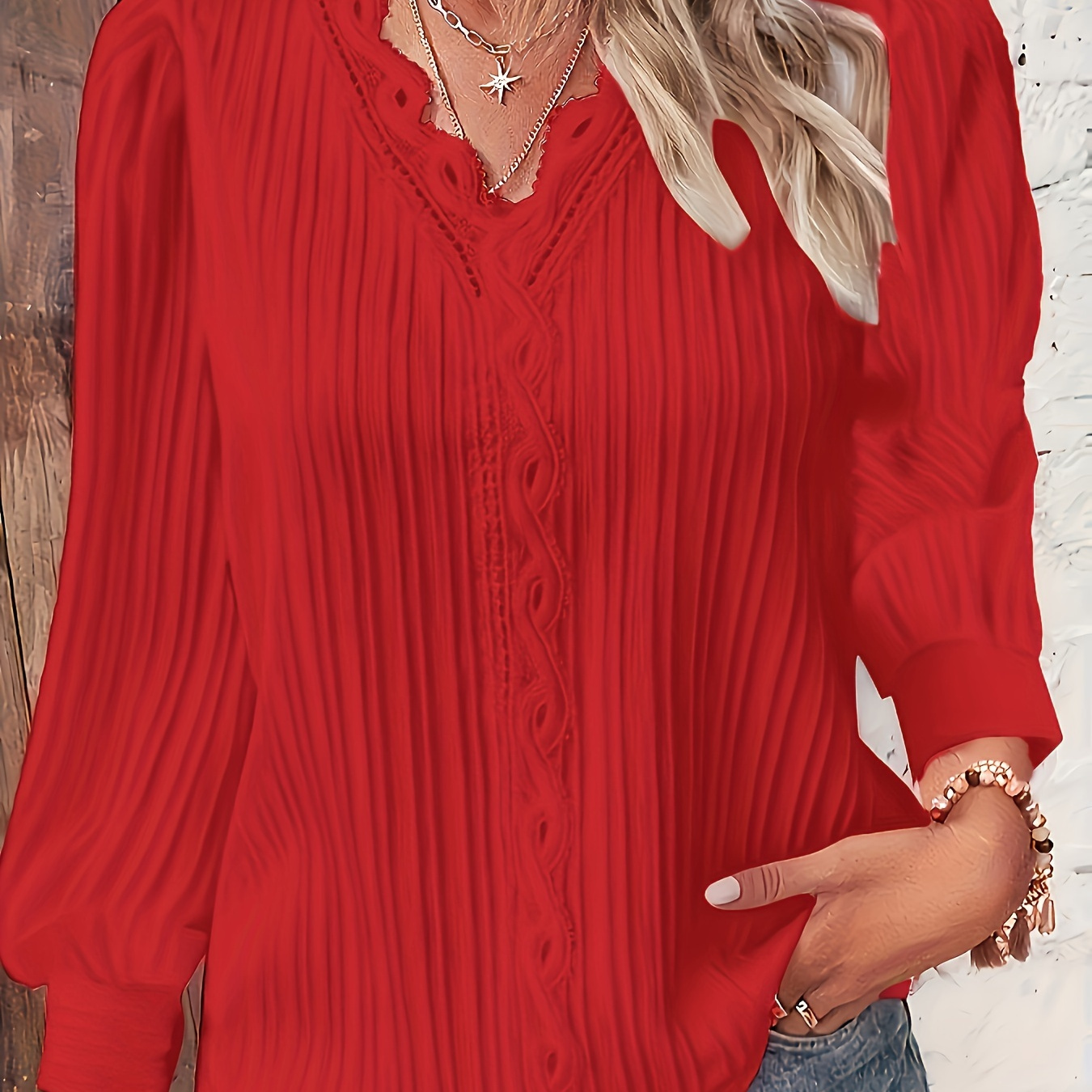 

Plus Size Lace Trim Textured Top, Casual V Neck Long Sleeve Top, Women's Plus Size clothing