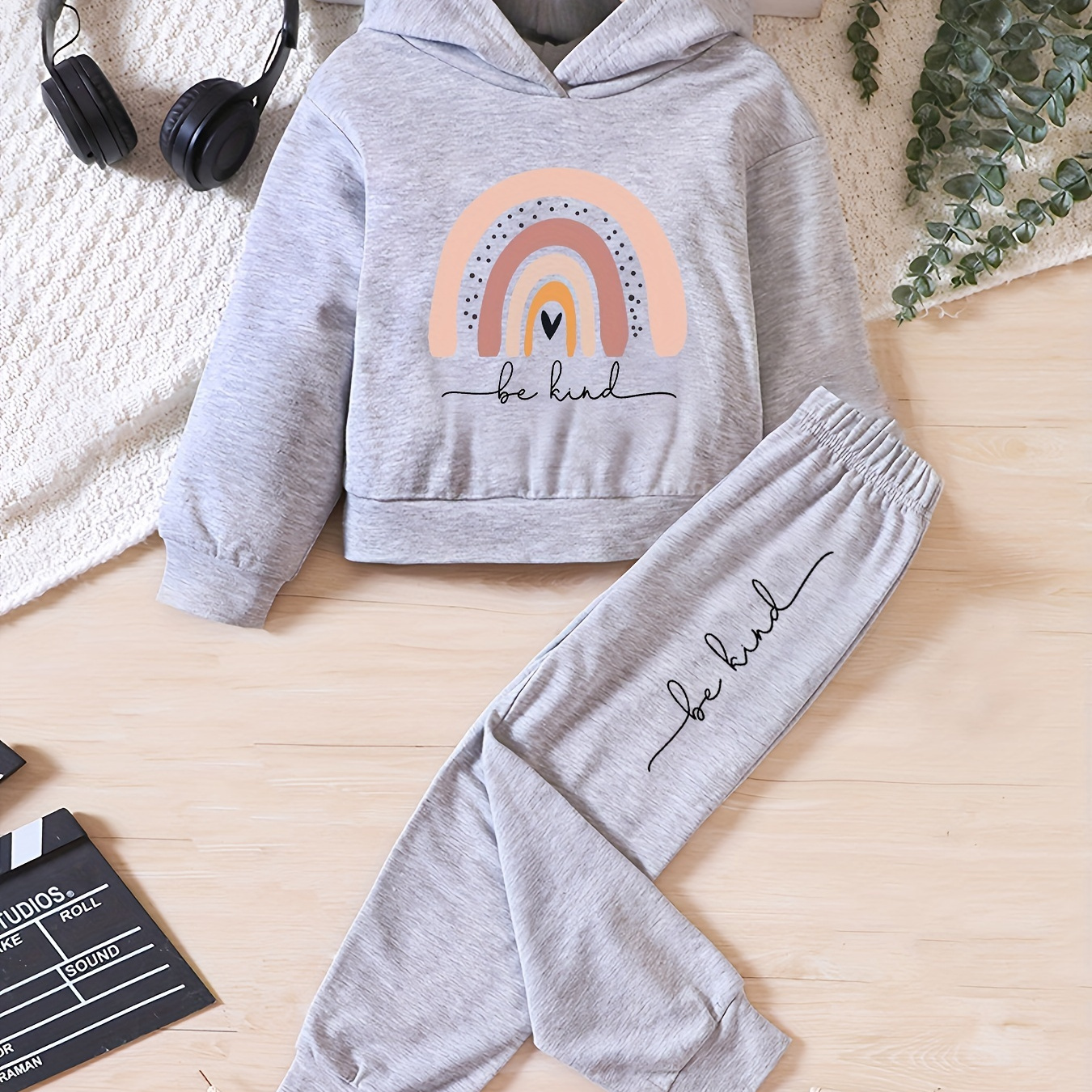 Girl's Rainbow Pattern Outfit Hoodie Sweatpants Set Kind - Temu