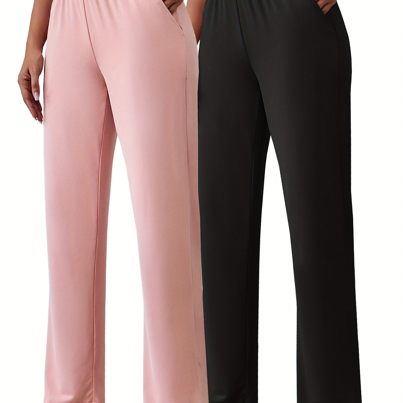 

2- Size Women's Casual Sports Pants, Solid Color, Comfortable Waist, Knit Polyester, Lightweight 180g/m² Fabric, Spring/summer/autumn, With Pockets, Wide Leg Trousers -