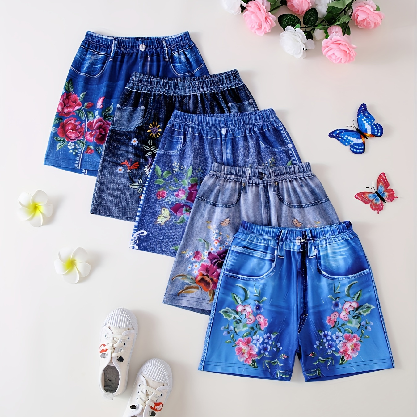 

5pcs, Girls Flower Graphic Imitation Denim Print Shorts Set Comfy Casual Shorts For Summer Gift