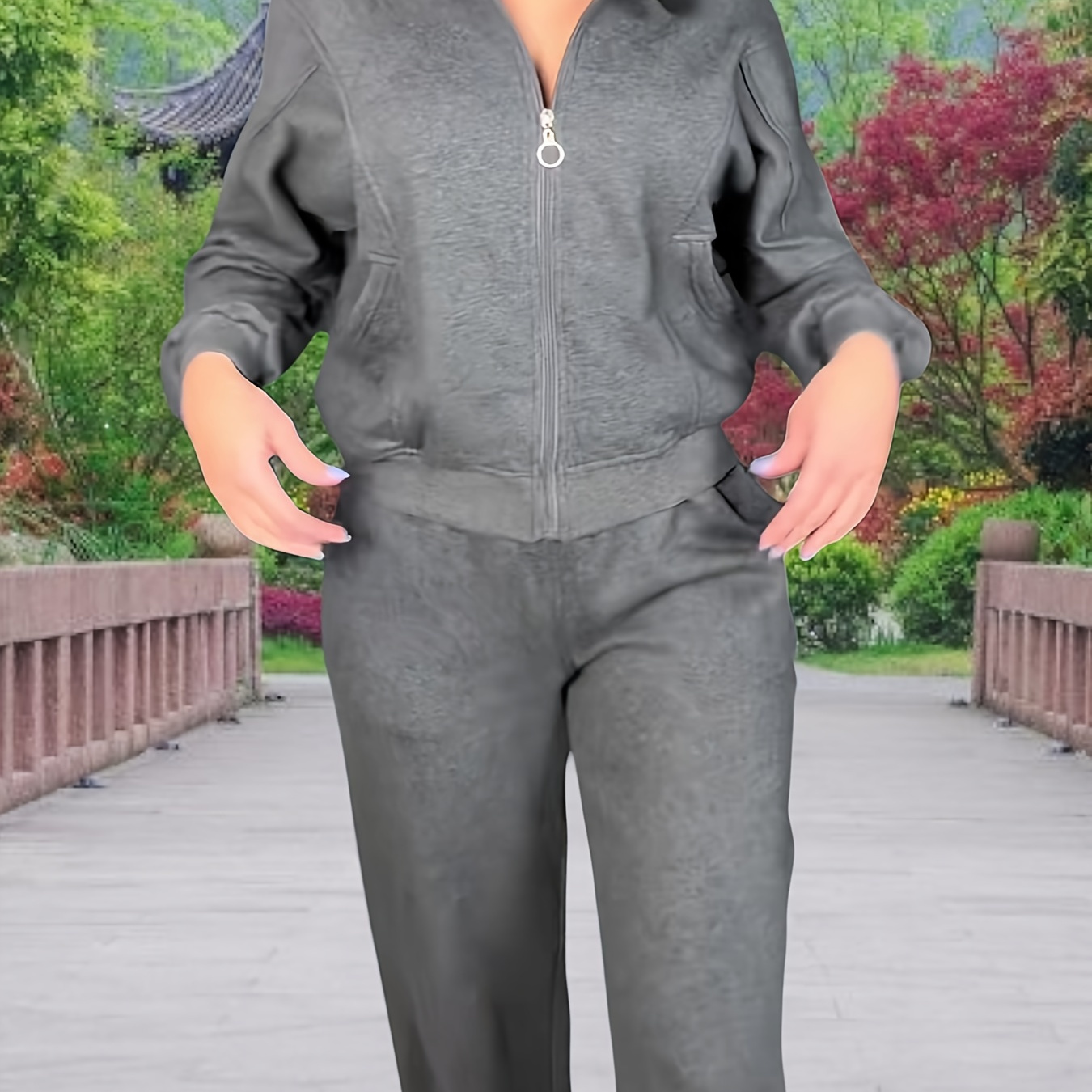 

Gray Casual Sweatshirt 2024 New Zipper Decoration High Neck Loose Straight Pants Drawstring Design Autumn And Winter Women's Sweatshirt